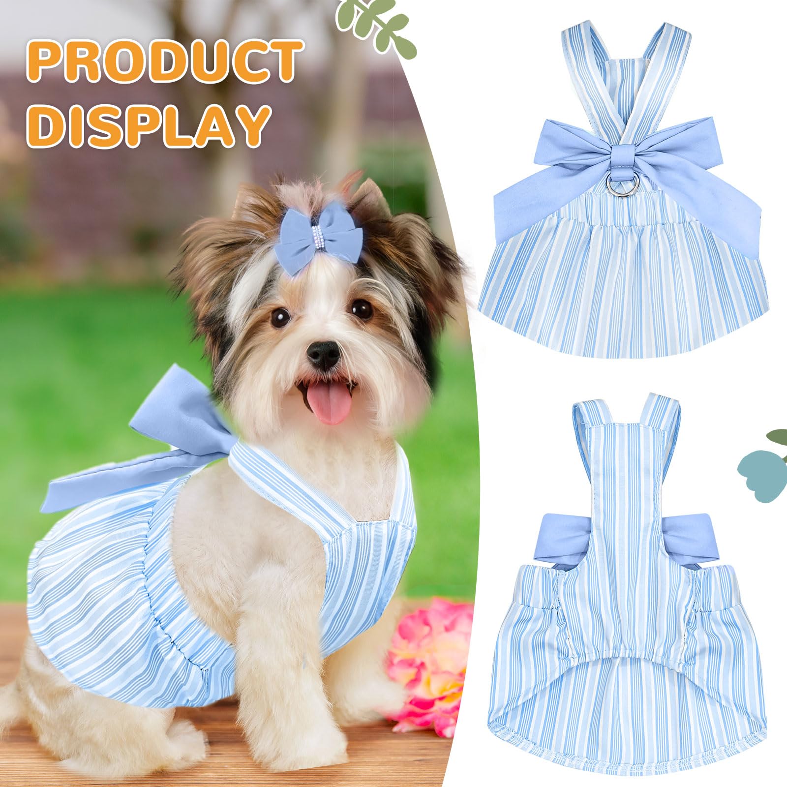 Cute Striped Summer Dog Dress with Bowknot - Small Dog Harness Outfit for Chihuahua, Yorkie, Pug & Female Cats (Blue, Size S) - Perfect for Birthday Parties & Outdoor Adventures