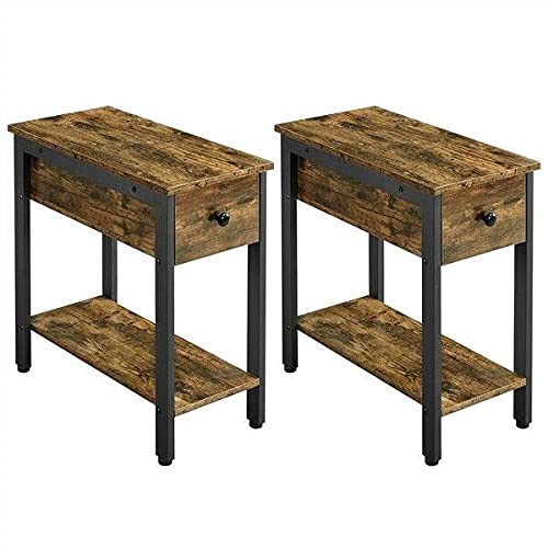 2-Tier Wood Side Tables Set of 2 with Drawer - Nightstand, Computer Desk & Gaming Table for Bedroom, Office & Home Decor | Compact End Tables with Storage Space