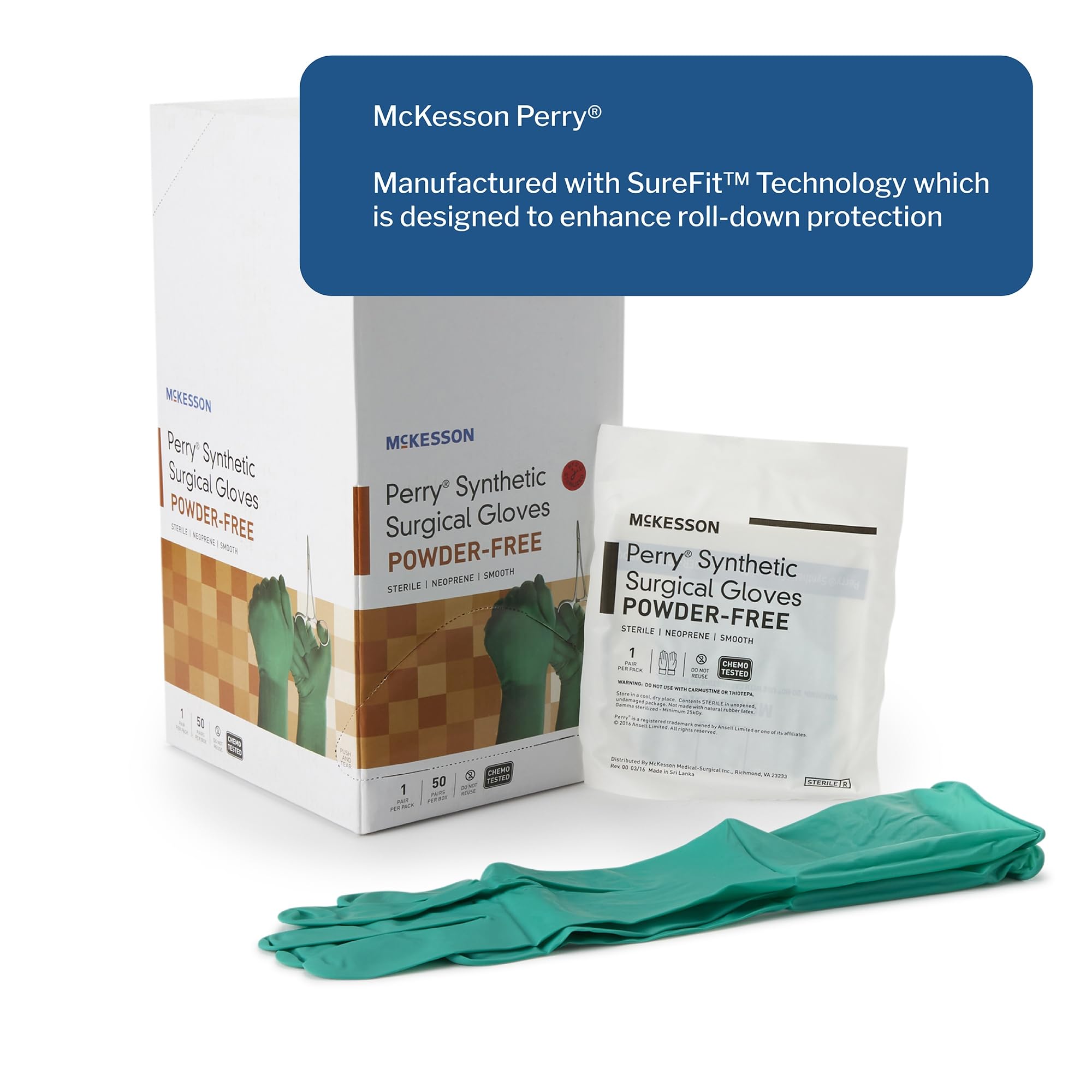 McKesson Perry Synthetic Surgical Gloves [50 Pairs] - Sterile Neoprene Disposable Powder-Free Medical Exam Gloves | Chemo Tested, Size 7.0, Green | Ideal for Healthcare Professionals, Laboratory Work & Medical Procedures