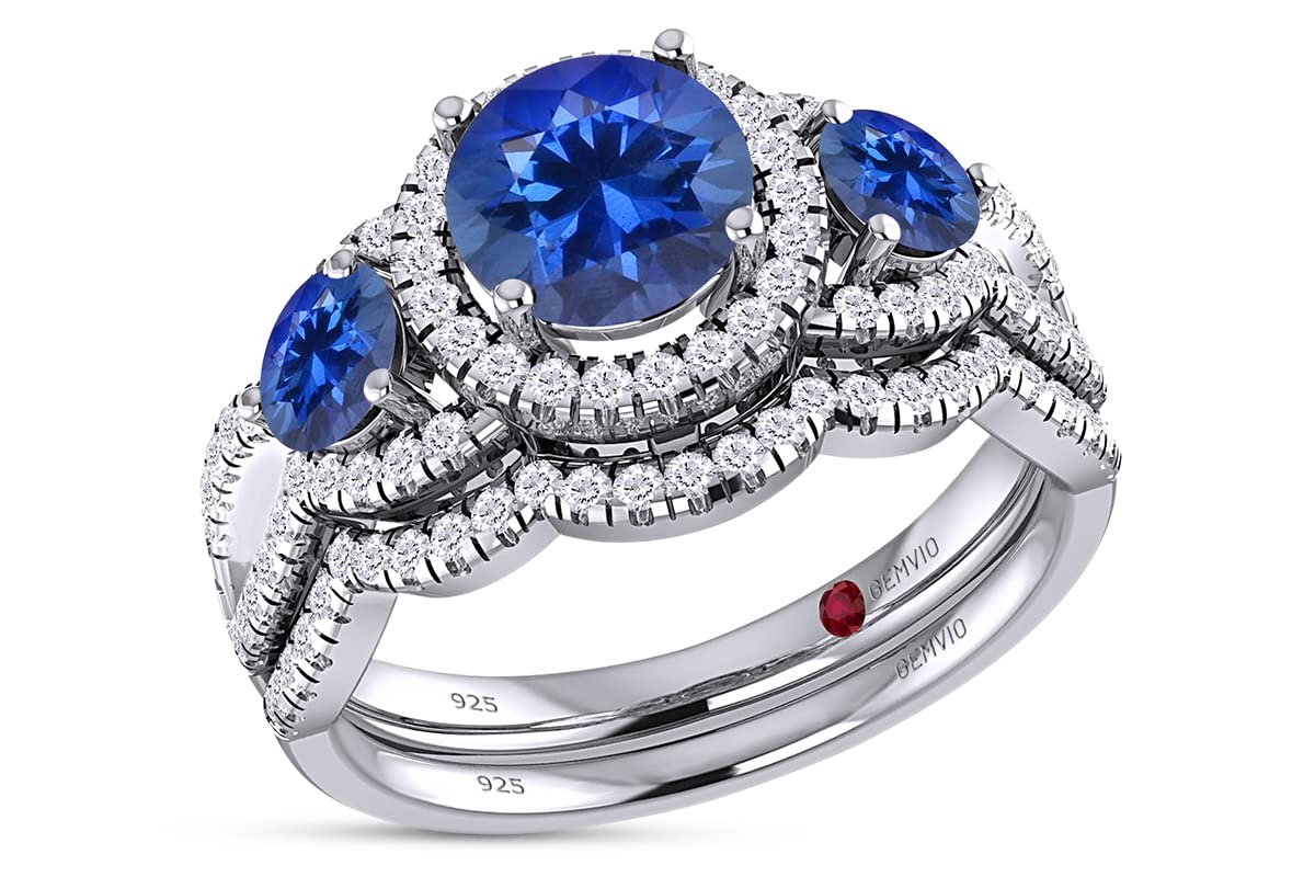 14K Gold Over Sterling Silver Three Stone Round Cut Gemstone & Natural White Diamond Halo Bridal Set Engagement Ring | Wedding Band for Women | Valentine's Day Gift for Her | Perfect for Proposals, Anniversaries & Special Occasions