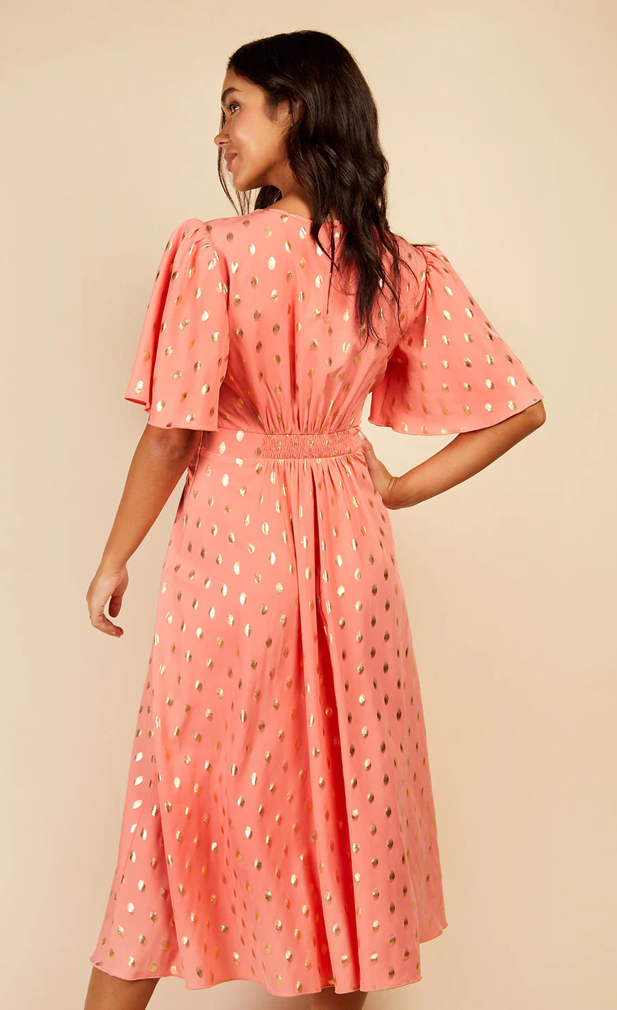 Corina Foil Midaxi Dress - Coral & Gold Sequin Party Gown for Women, Elegant Evening Dress for Prom, Cocktail, Wedding Guest & Special Occasions