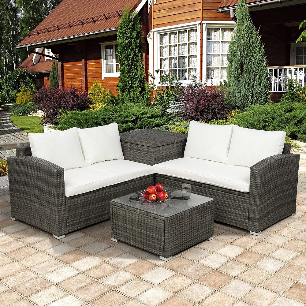 4-Piece Outdoor Cushioned PE Rattan Wicker Sectional Sofa Set with Coffee Table & Storage Ottoman - Waterproof Patio Furniture for Garden, Backyard, Poolside (Beige) - Perfect for Relaxing, Entertaining & Outdoor Lounging