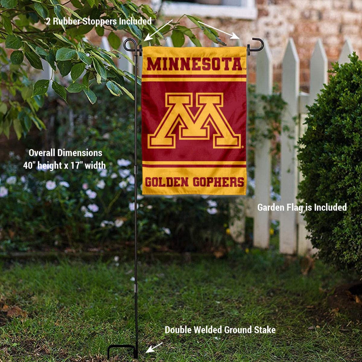 Minnesota Gophers Garden Flag Stand & USA Flag Pole Holder Set - Durable Outdoor College Team Banner Display for Yard, Porch, and Tailgating