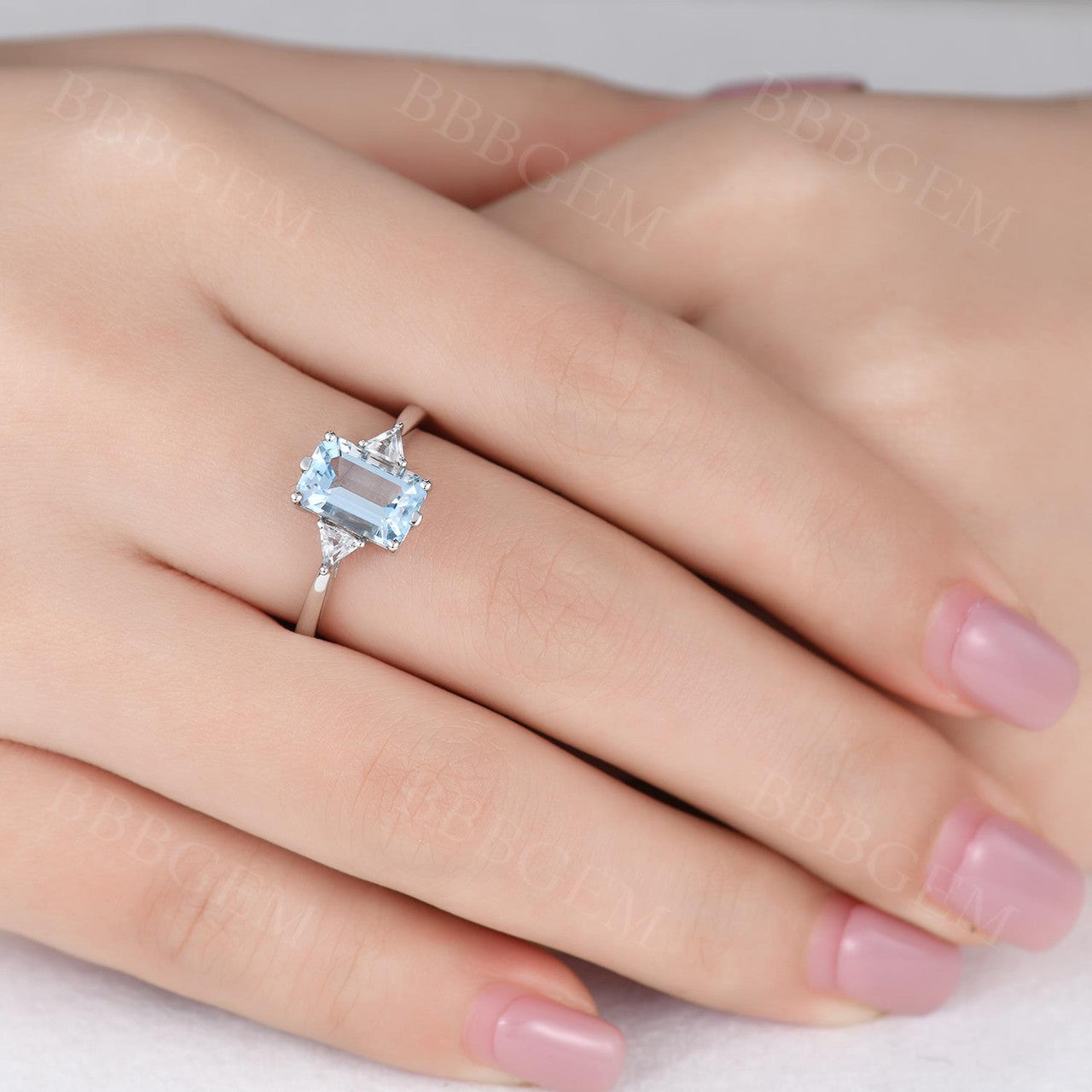 Three Stone Aquamarine Engagement Ring with White Topaz Triangle Accents in 18K Gold - Perfect for Proposals, Anniversaries & Bridal Jewelry