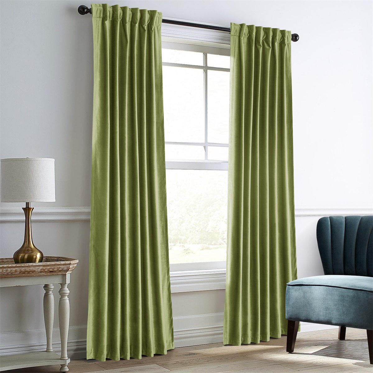 Thermal Insulated Green Velvet Curtains for Living Room & Bedroom - 2 Panels, 52