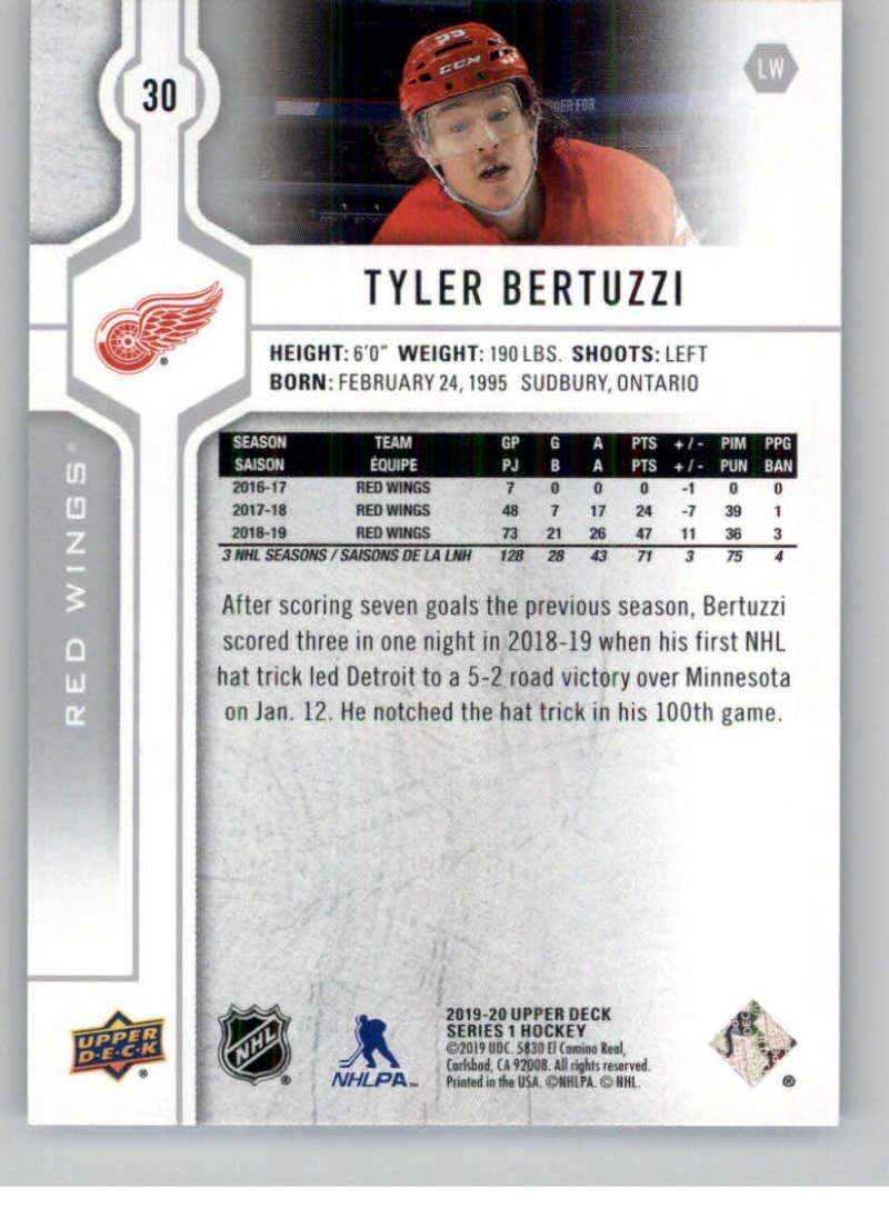 2019-20 Upper Deck Series 1 Hockey #30 Tyler Bertuzzi Detroit Red Wings NHL Trading Card - Collectible Sports Memorabilia for Fans & Card Enthusiasts