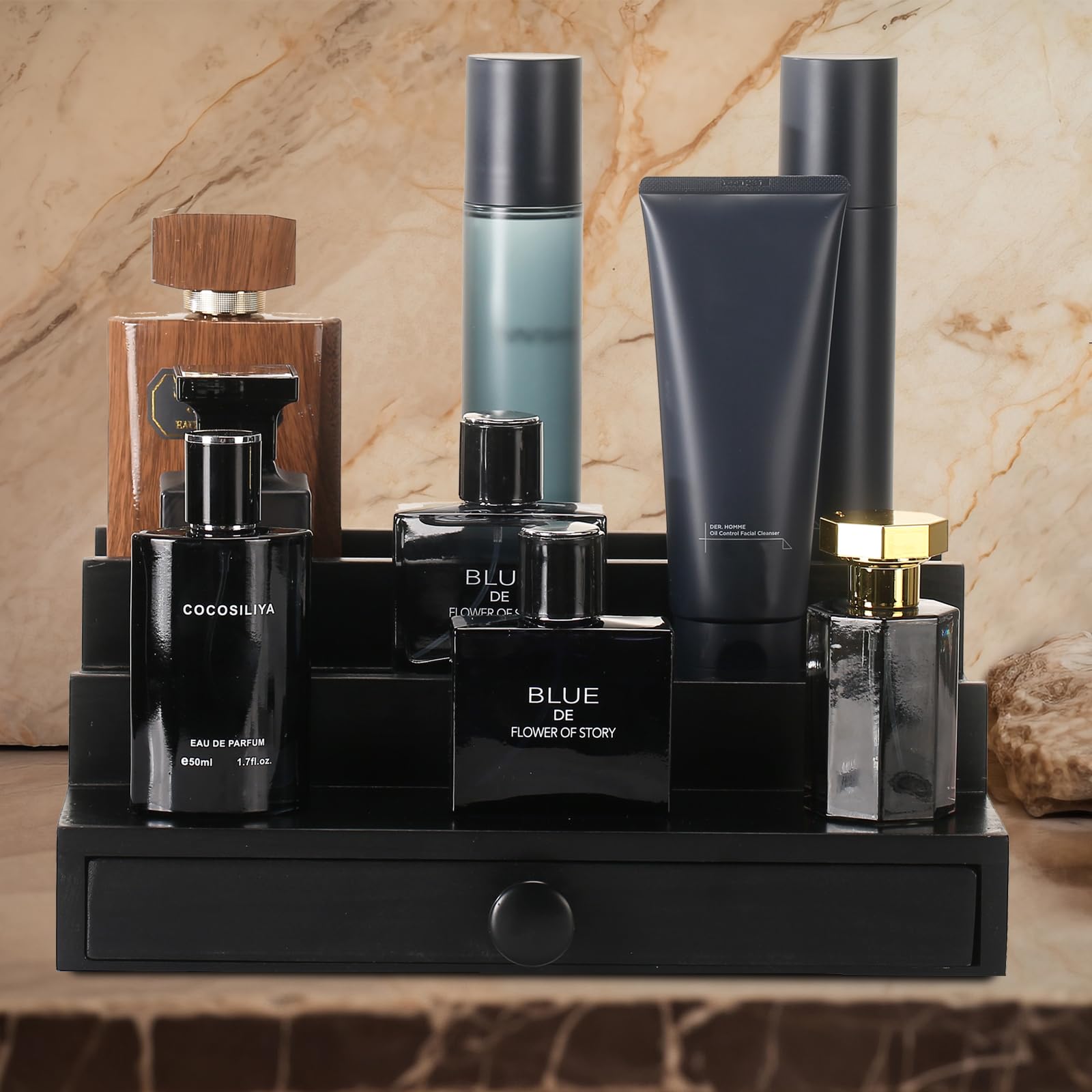 3-Tier Wooden Cologne Organizer for Men with Drawer - Perfume Display Stand for Dresser & Vanity