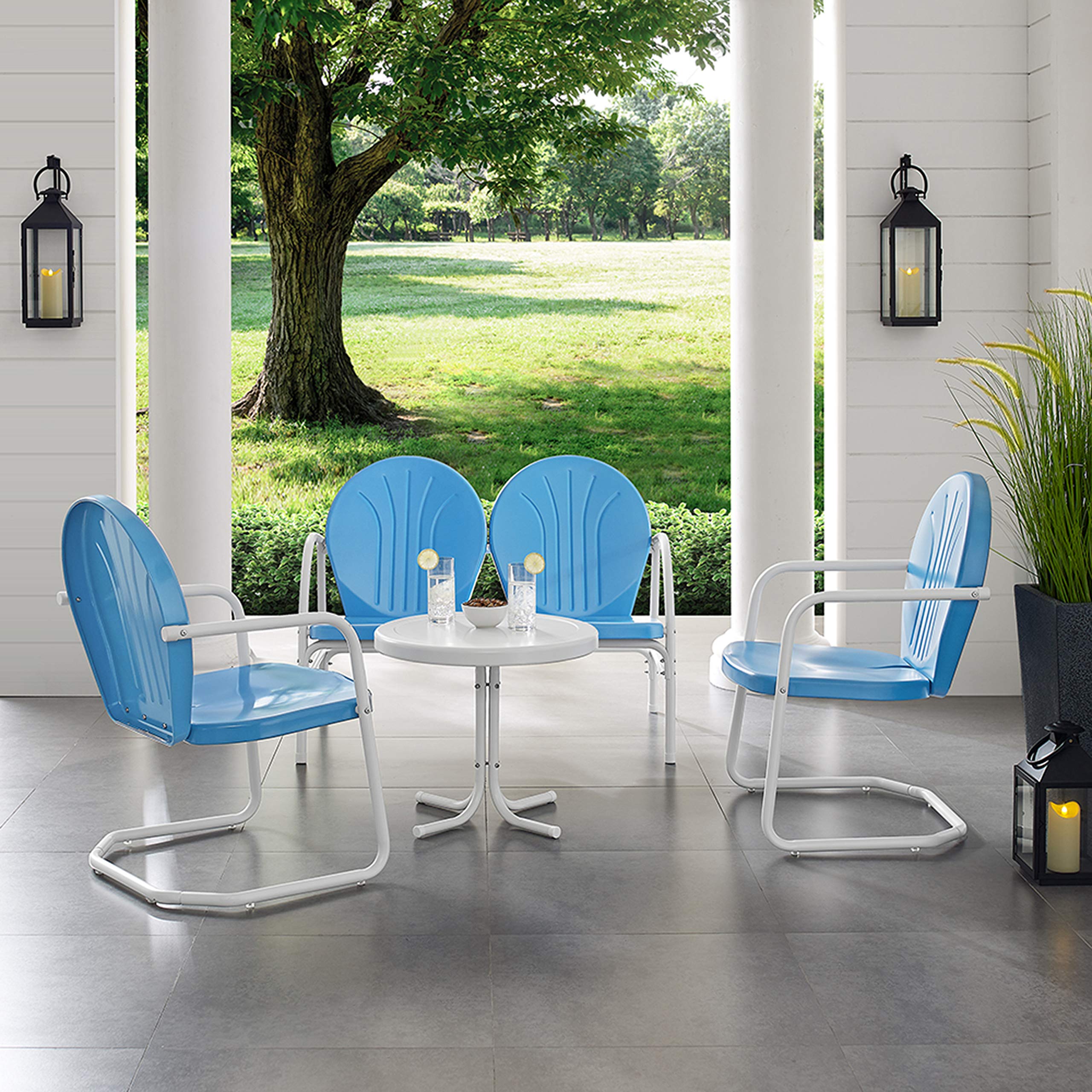 Crosley Furniture Griffith 4-Piece Retro Metal Outdoor Loveseat Patio Set - Sky Blue Bistro Seating for Porch, Deck, Balcony & Garden - Perfect for Relaxing, Entertaining & Outdoor Dining
