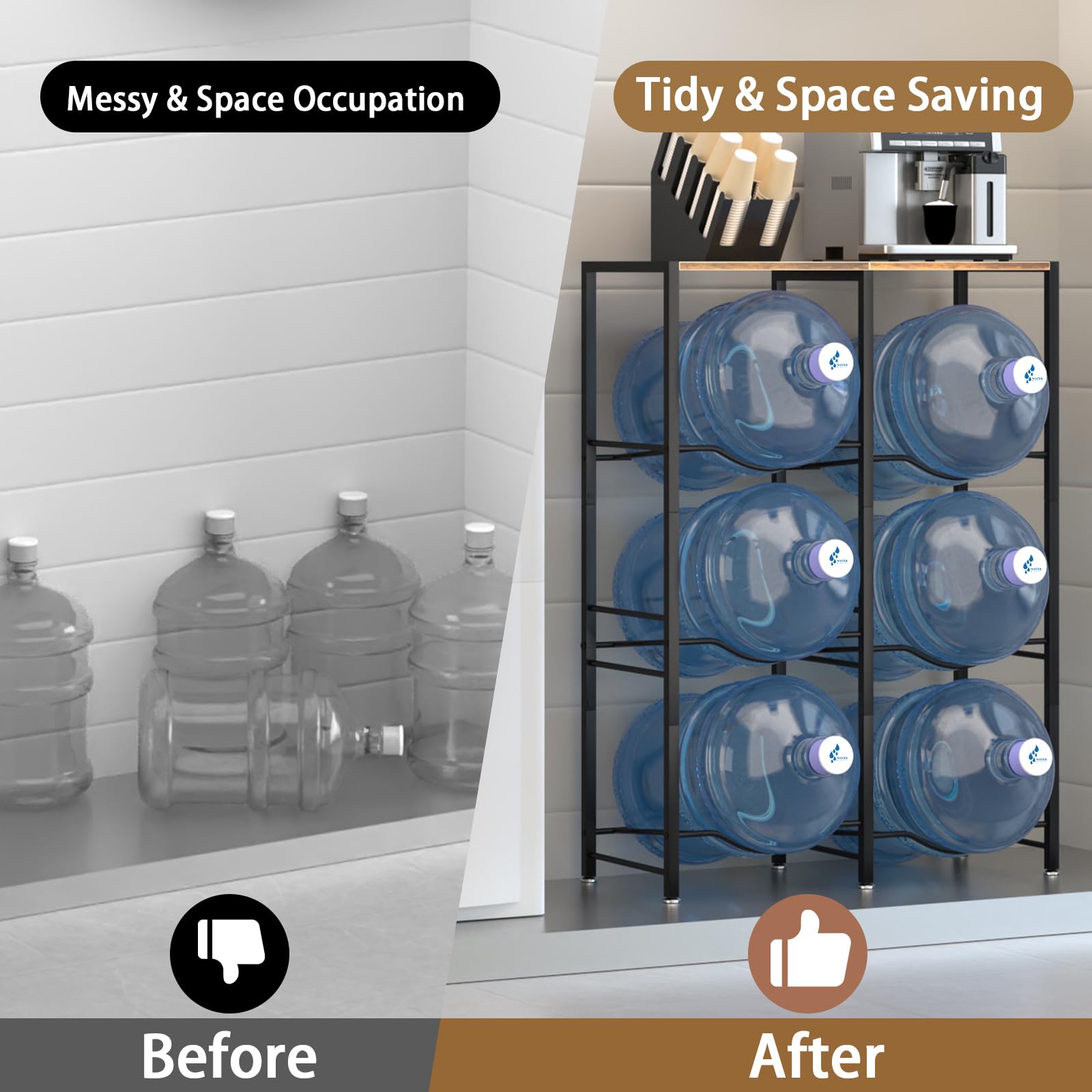 5 Gallon Water Jug Holder with Storage Rack - 3-Tier Water Dispenser Stand for Kitchen, Office, Living Room - Sturdy Brown Water Bottle Organizer for Home & Commercial Use