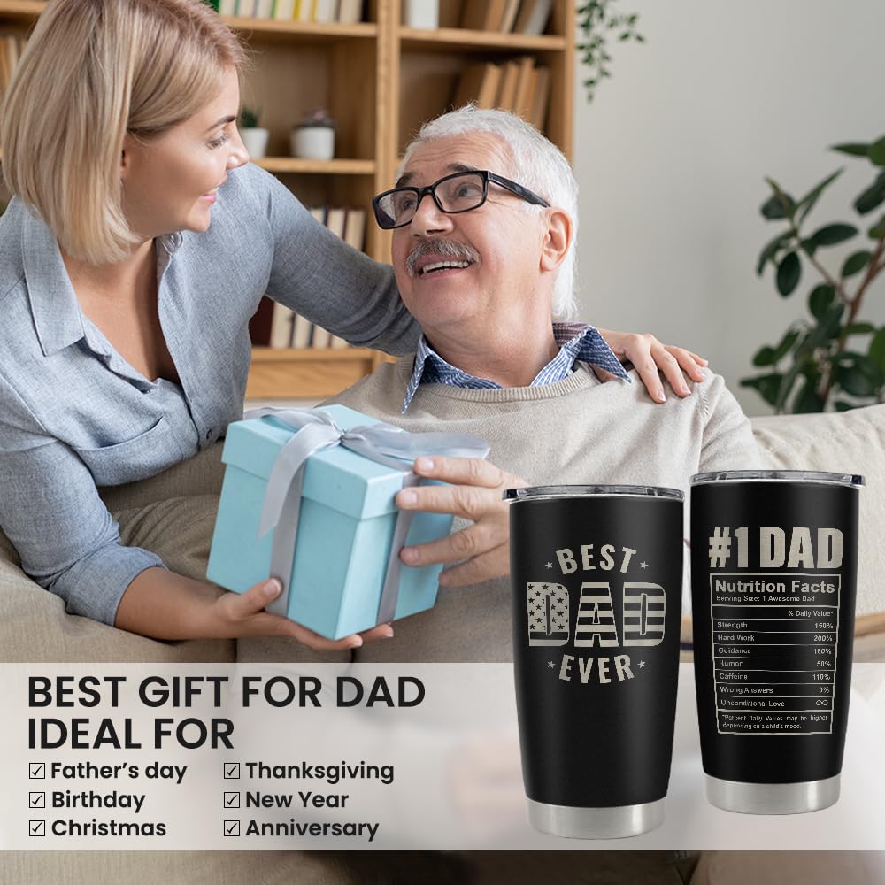 Best Dad Ever Tumbler 20oz - Insulated Stainless Steel Coffee Mug with Lid - Dad Nutrition Facts Design - Perfect for Travel, Outdoor, Sports & Office - Great Gift for Father’s Day, Birthday & Special Occasions