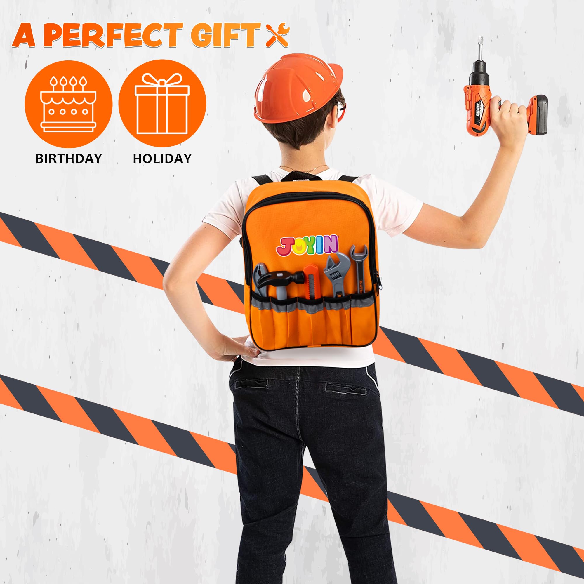 JOYIN 32PCS Kids Pretend Play Tool Set with Construction Backpack Costume & Electronic Toy Drill - STEM Learning Toys for Toddlers Boys & Girls - Perfect for Halloween Costumes, Birthday Gifts & Dress Up Parties