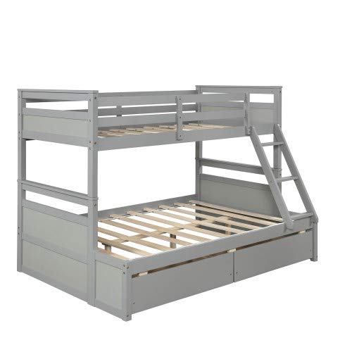 Solid Wood Twin Over Full Bunk Bed with Ladder, Storage Drawers & Guardrail - Convertible to Separate Beds - Grey | Space-Saving Kids Bedroom Furniture for Small Rooms & Shared Spaces