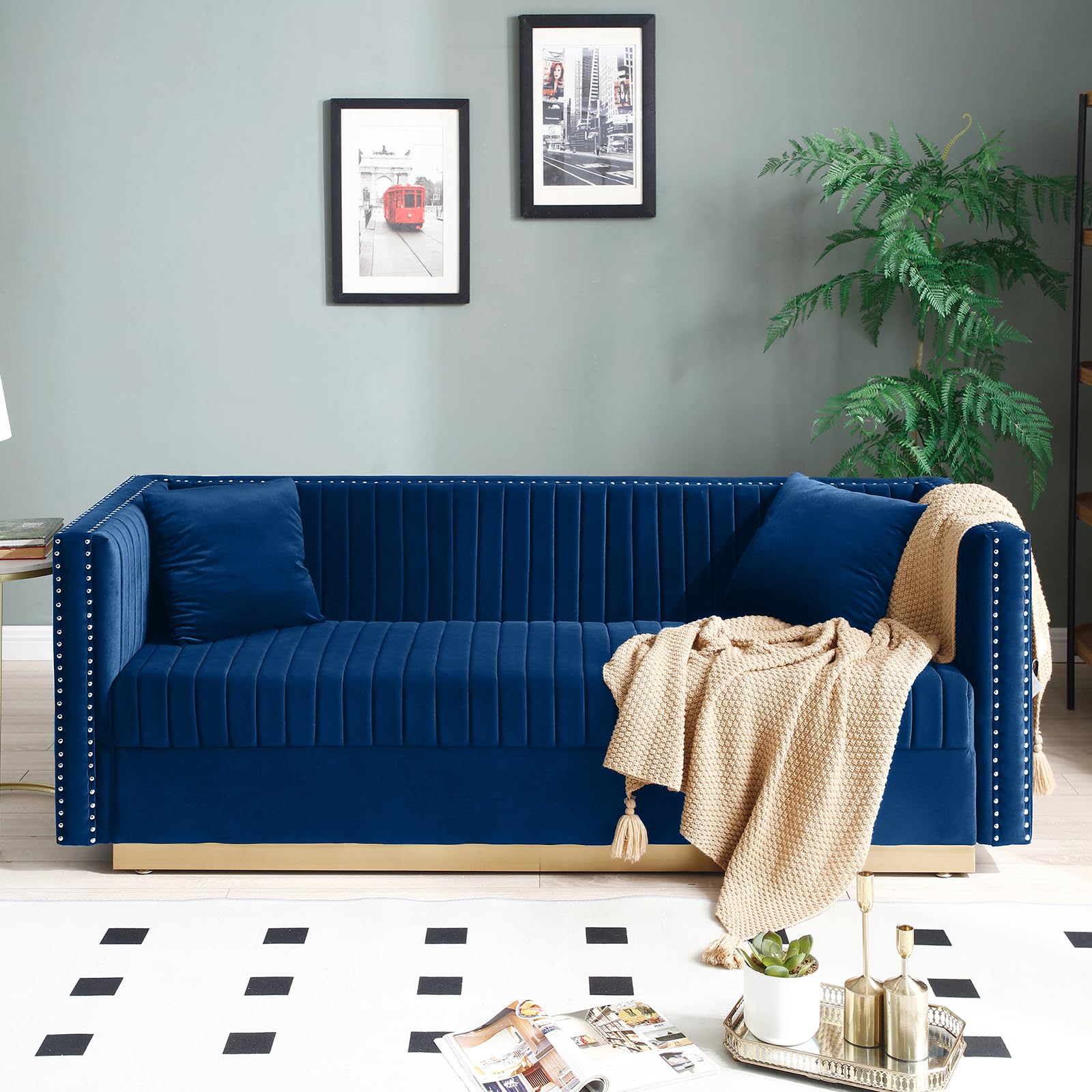 KIVENJAJA 2-Piece Velvet Sofa Set - Modern Channel Tufted Loveseat & Couch with 4 Pillows, Nailhead Trim & Gold Base in Navy Blue - Perfect for Living Room, Lounge & Small Spaces