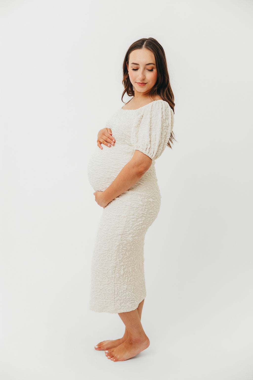 Blakeley Textured Midi Dress in Ivory - Bump Friendly Maternity Dress & Inclusive Sizing (S-3XL) | Perfect for Baby Showers, Weddings & Special Occasions