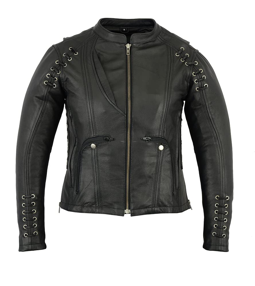 Daniel Smart Classic Women’s Motorcycle Leather Jacket with Grommet Detailing, Side Lacing & Armory Pocket - Stylish Biker Jacket for Riding, Casual Outfits & Night Out