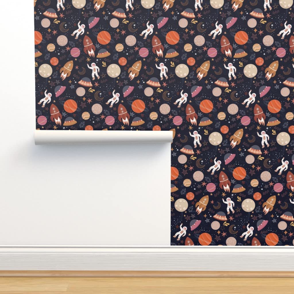 Peel & Stick Removable Wallpaper 12ft x 2ft - Astronaut Space Theme with Planets & Solar System in Black, Orange & Pink | Self-Adhesive Wall Decal for Kids Room, Nursery, Dorm or Office Decor by Spoonflower