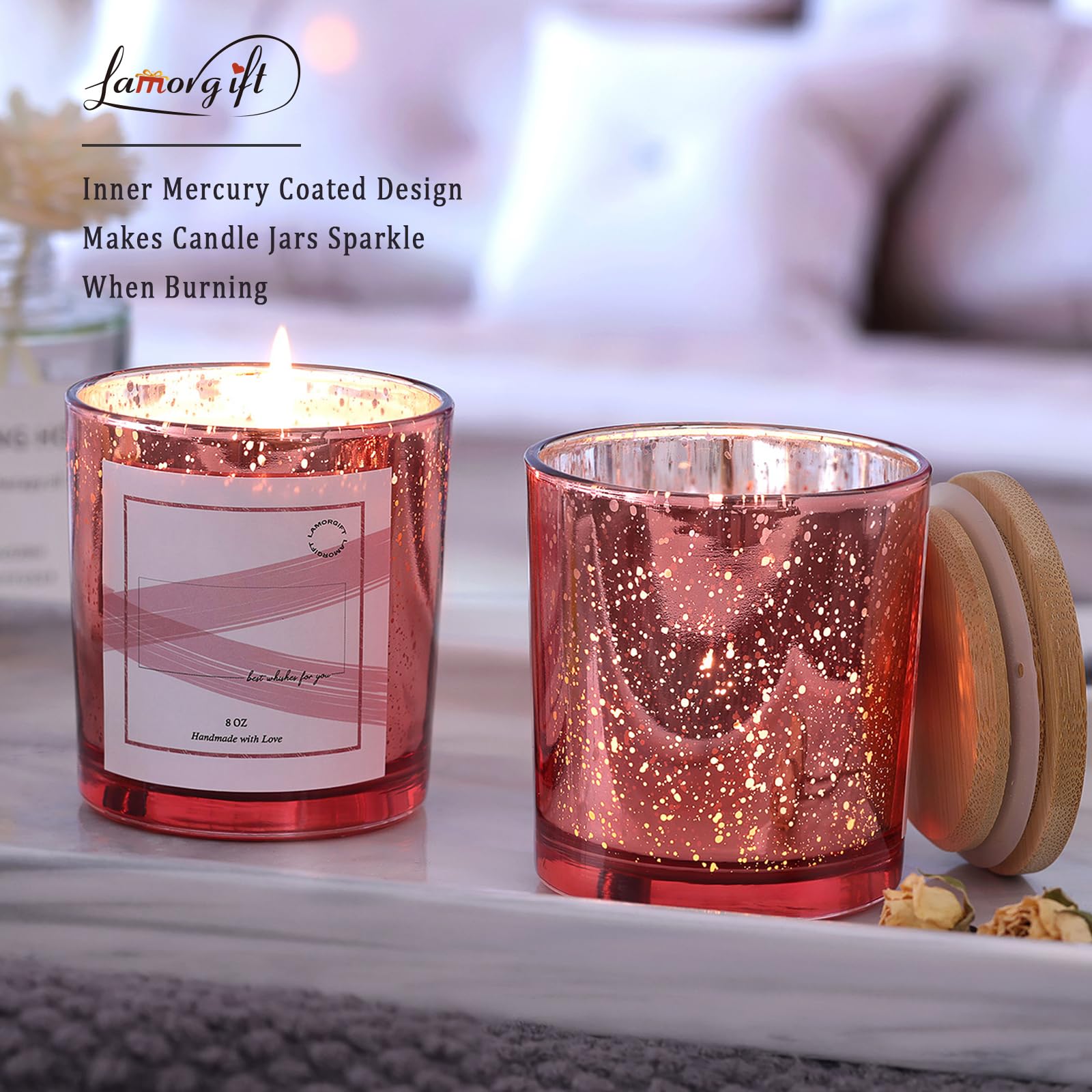 15 Pack 8oz Rose Gold Empty Candle Jars with Lids - Mercury Glass Containers for DIY Candle Making - Includes 20 Candle Labels - Perfect for Home Decor, Wedding Favors & Gift Packaging