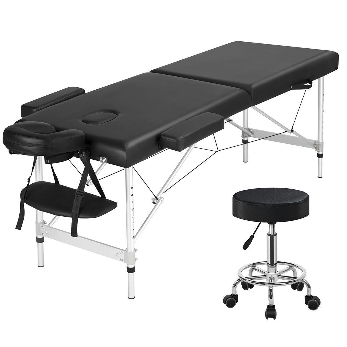 Yaheetech Portable Folding Massage Table with Adjustable Headrest & Armrest - Aluminum 2-Level Spa Bed with Rolling Stool & Swivel Salon Chair - Perfect for Professional Massage Therapy, Home Spa, and Salon Treatments