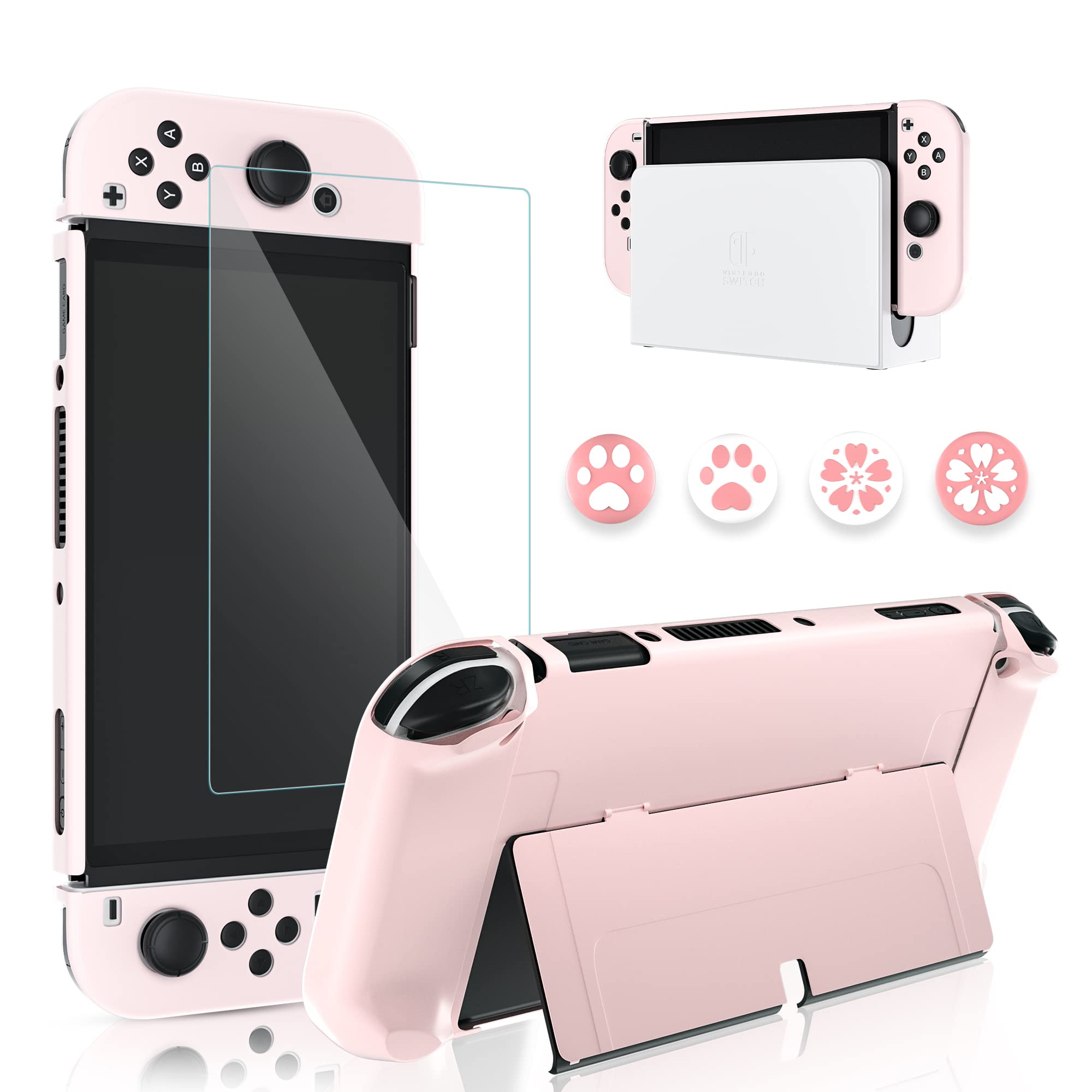 GLDRAM Pink Protective Hard Cover Case for Nintendo Switch OLED Model 2021 - Includes Screen Protector & 4 Thumb Caps | Ultra-Slim Flip Shell Design | Perfect for Travel, Gaming Parties & Console Protection