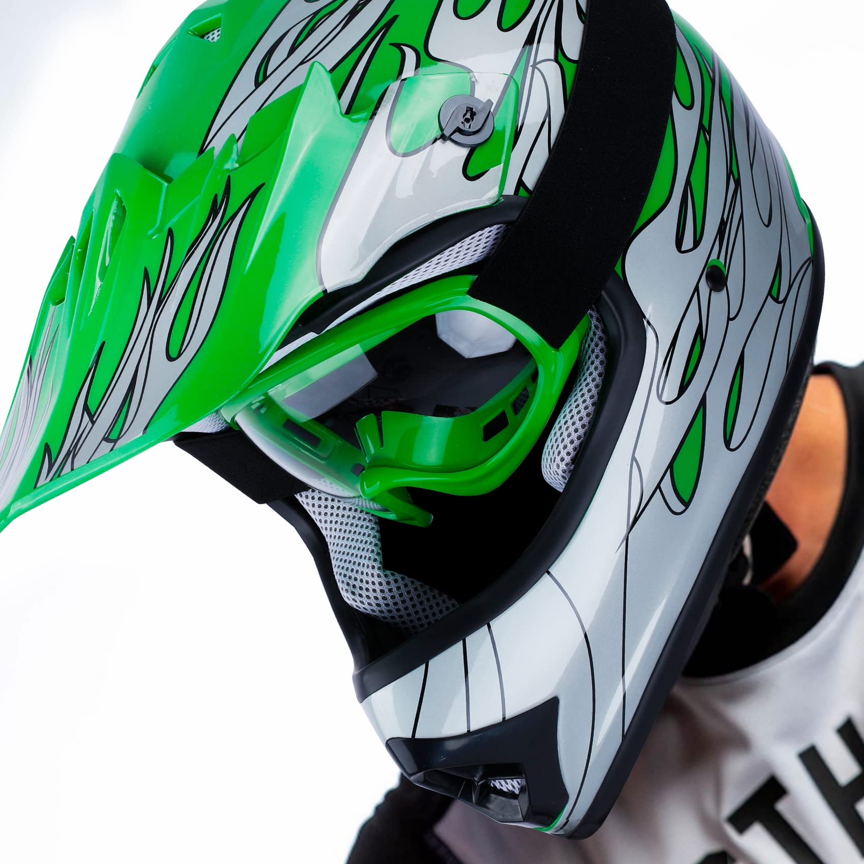 SLMOTO Youth & Kids Motorcycle Helmet - DOT Approved Motocross, Offroad, ATV, Dirt Bike Helmet with Goggles & Gloves - Green Flame Design - Perfect for Racing, Trail Riding & Outdoor Adventures