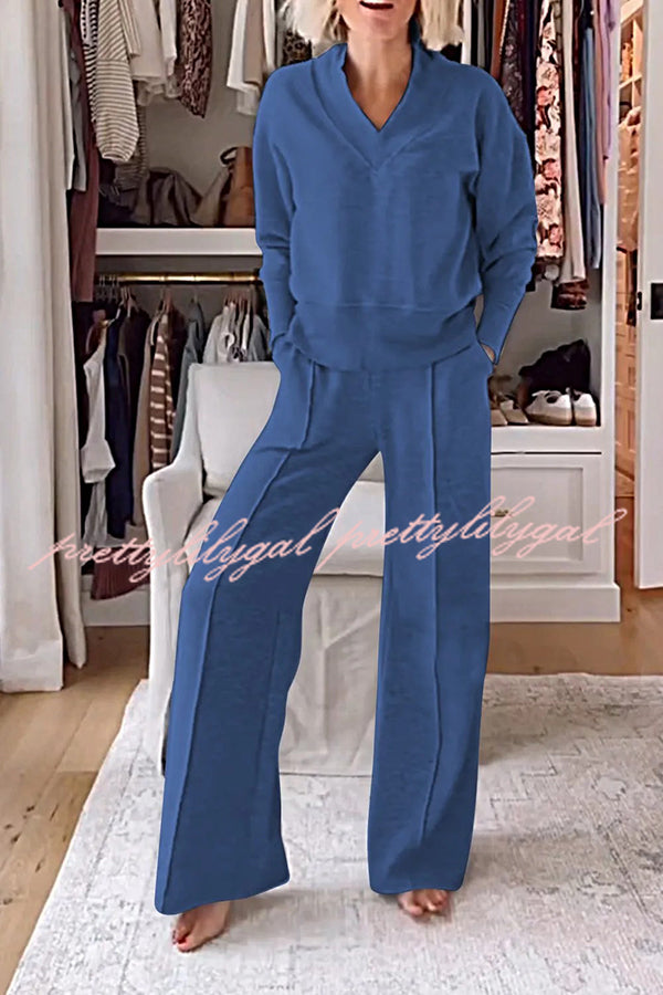 Women's Solid Color V-Neck Top & Elastic Waist Lounge Pants Set with Pockets - Cozy Winter Loungewear for Home, Yoga, and Relaxation