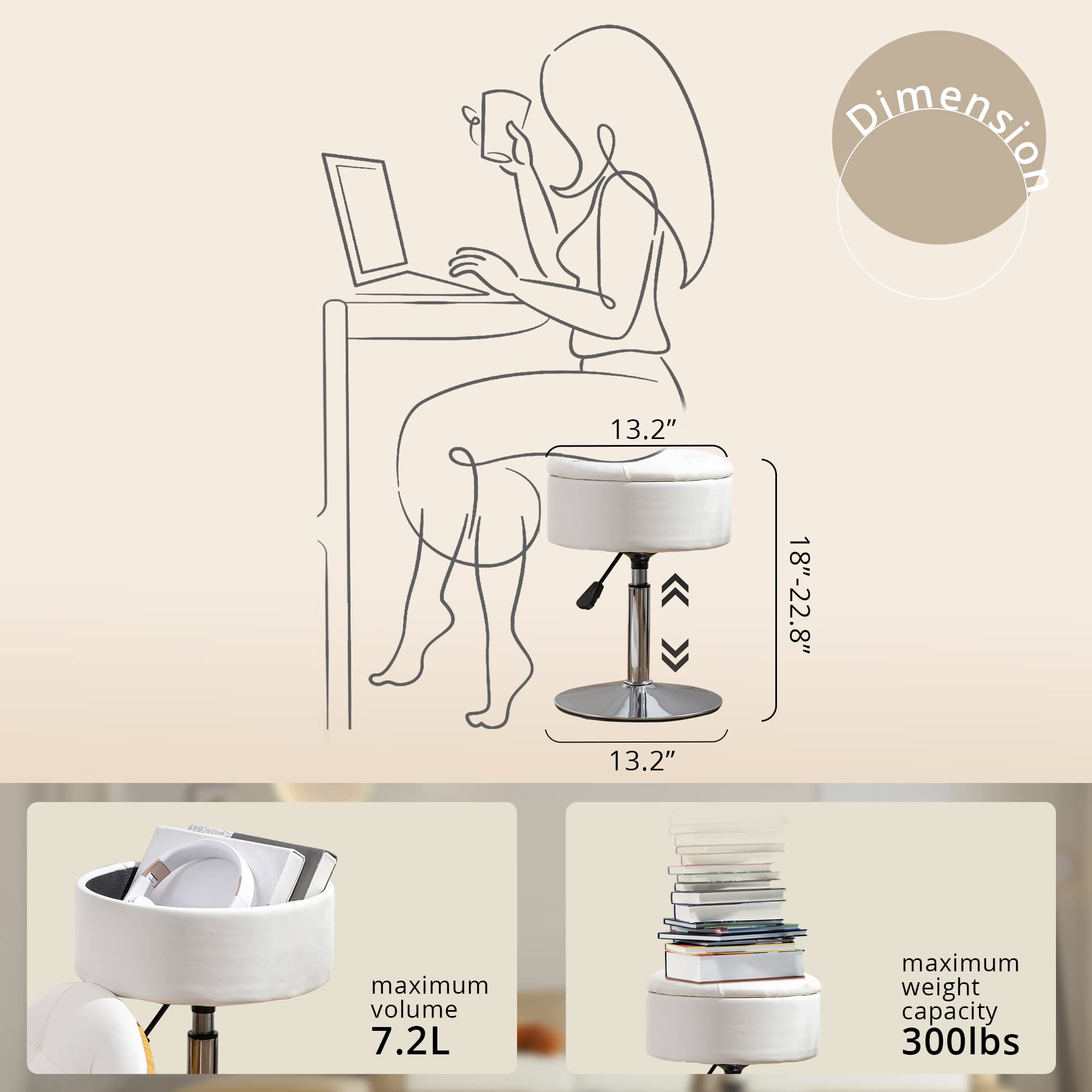 LUE BONA 360° Swivel Vanity Stool Chair with Storage - Adjustable Height Makeup Stool, Small White Faux Leather Stool for Bathroom, Living Room & Dressing Room - Perfect for Makeup, Reading & Relaxing