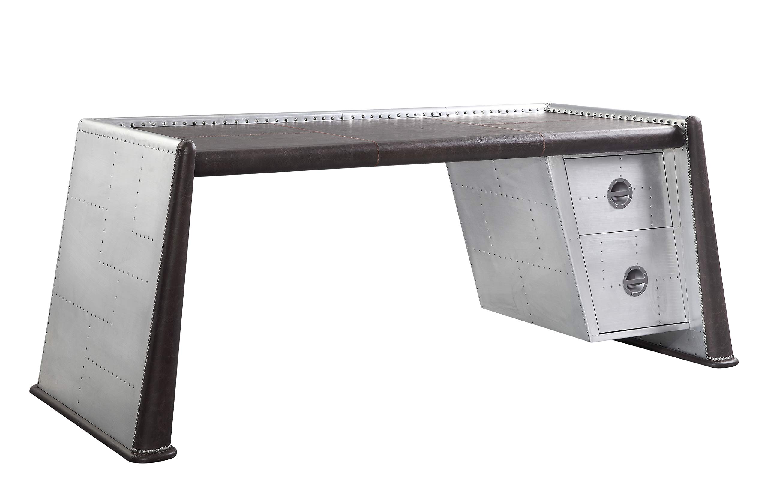 Acme Furniture 2-Drawer Writing Desk with Genuine Leather Top - Distressed Chocolate Finish & Aluminum Frame | Perfect for Home Office, Study Room & Small Spaces