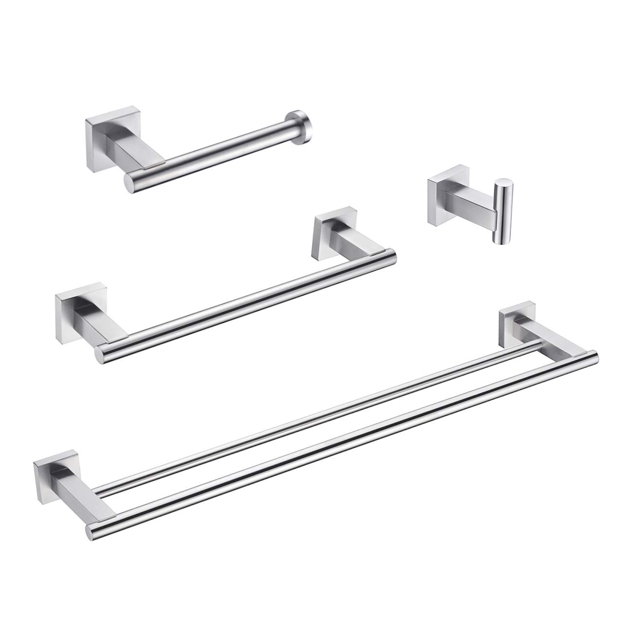 Hoooh 4-Piece Brushed Stainless Steel Bathroom Accessories Set - Wall Mounted Double Towel Bar, Hand Towel Rack, Toilet Paper Holder & Robe Hooks (BS101S4-BN) - Modern Bathroom Organization for Home & Hotel Use