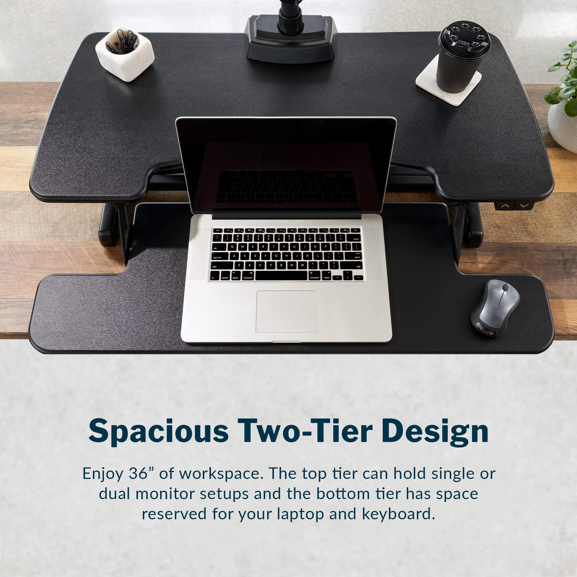 Vari Electric Standing Desk Converter - Height Adjustable Dual Monitor Workstation for Home Office | Black | Ergonomic Sit-Stand Desk Riser for Computer, Laptop & Workspace Productivity