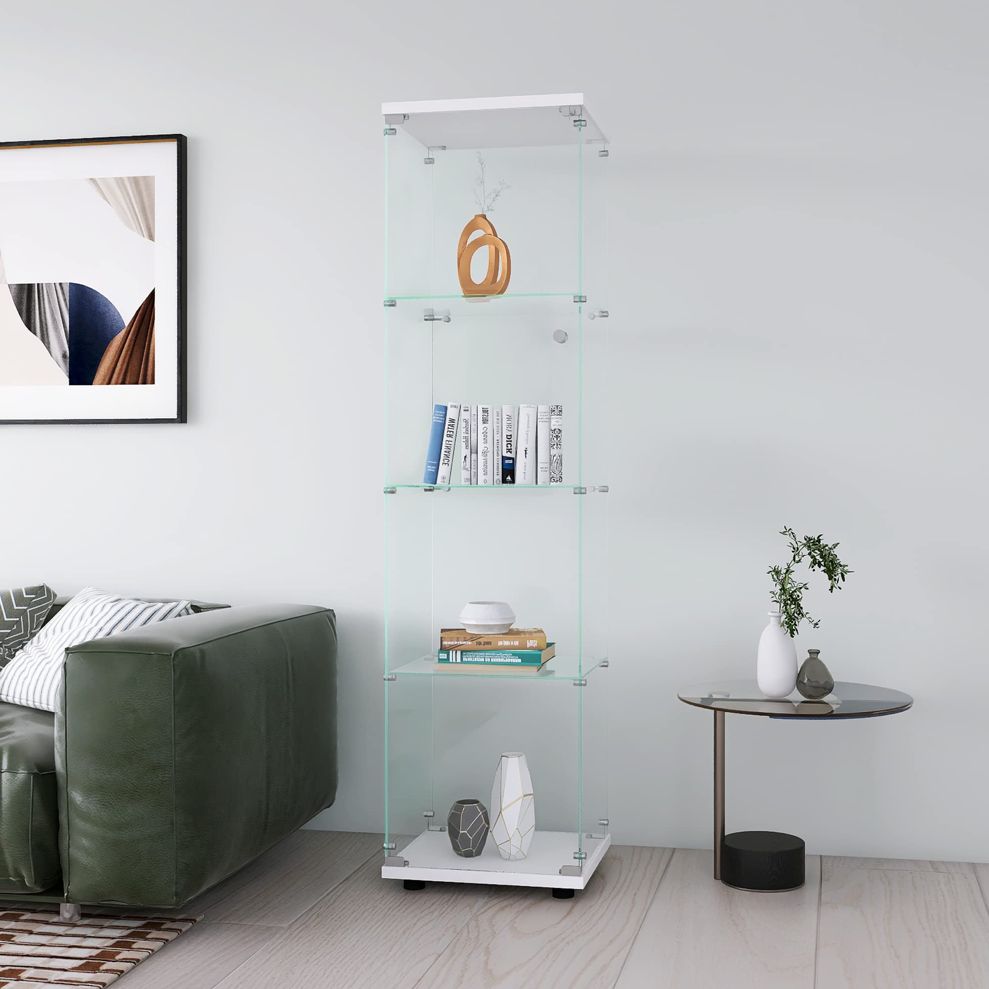 Yoluckea 4-Shelf Glass Display Cabinet with Door - White Floor Standing Curio Cabinet for Home, Office, Bookshelf & Corner Display - Easy Assembly for Collectibles & Decor