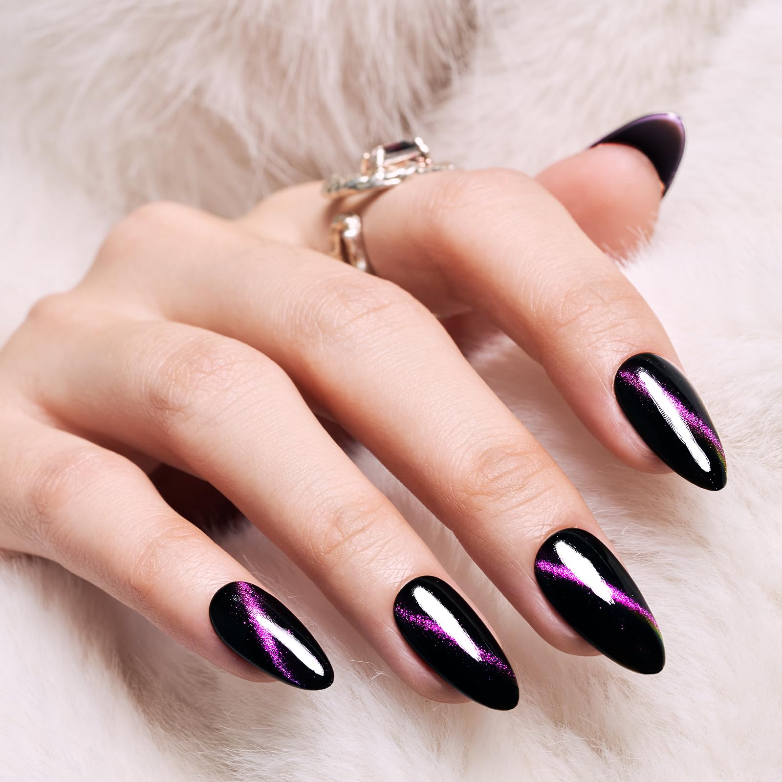 9D Glitter Dark Grey Almond Press on Nails with Purple Glitter Design - 24 Pcs Salon Quality Magnetic Gel Nails Kit in 12 Sizes | Handmade Fake Nails for Parties, Weddings & Special Occasions