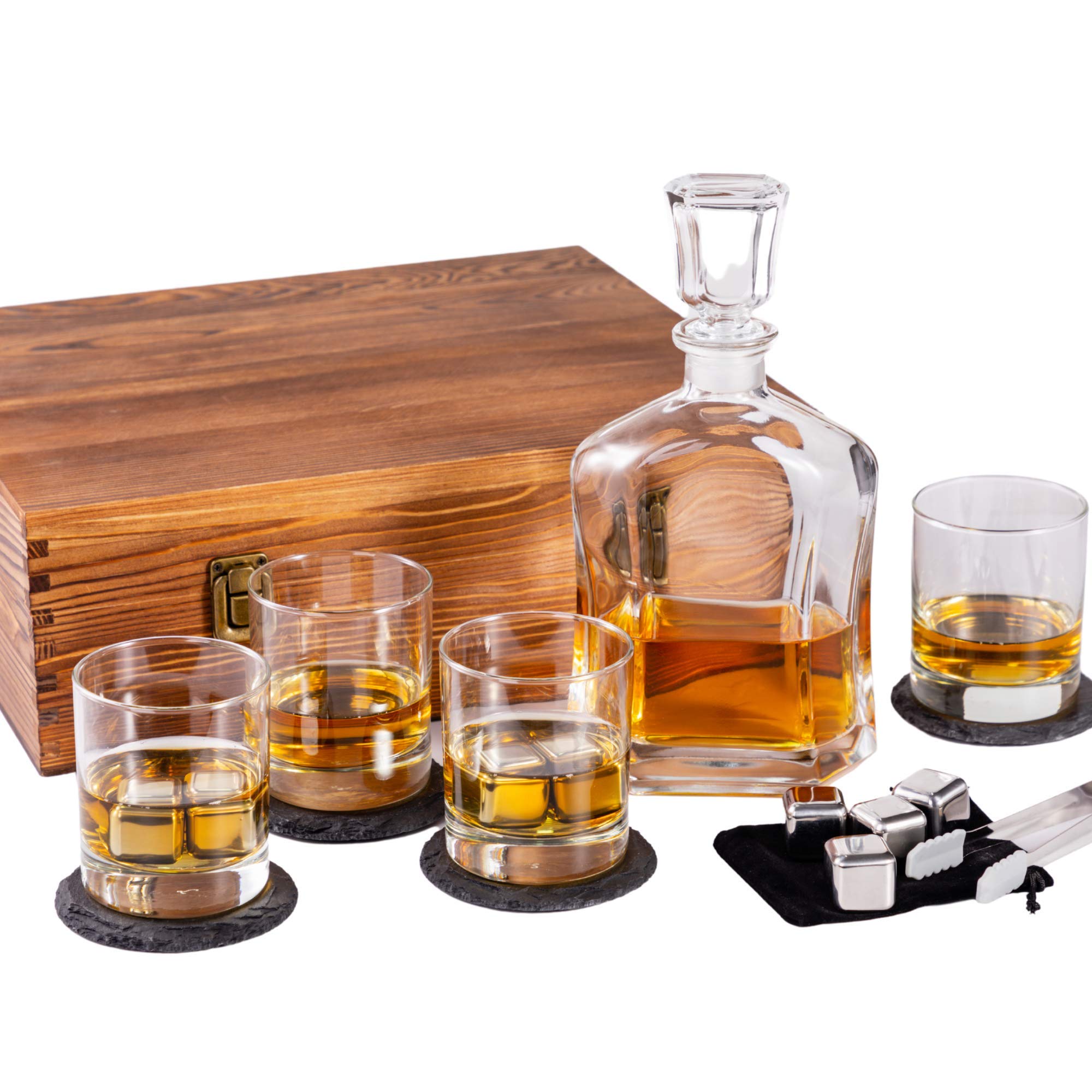 Premium Whiskey Decanter Set with 4 Scotch Glasses & Accessories - Elegant Wooden Gift Box for Men, Husband, Dad - Perfect for Home Bar, Anniversary, Birthday & Holiday Gifts - Whiskey Lover's Essential for Chilling & Serving Bourbon, Scotch & Liquor