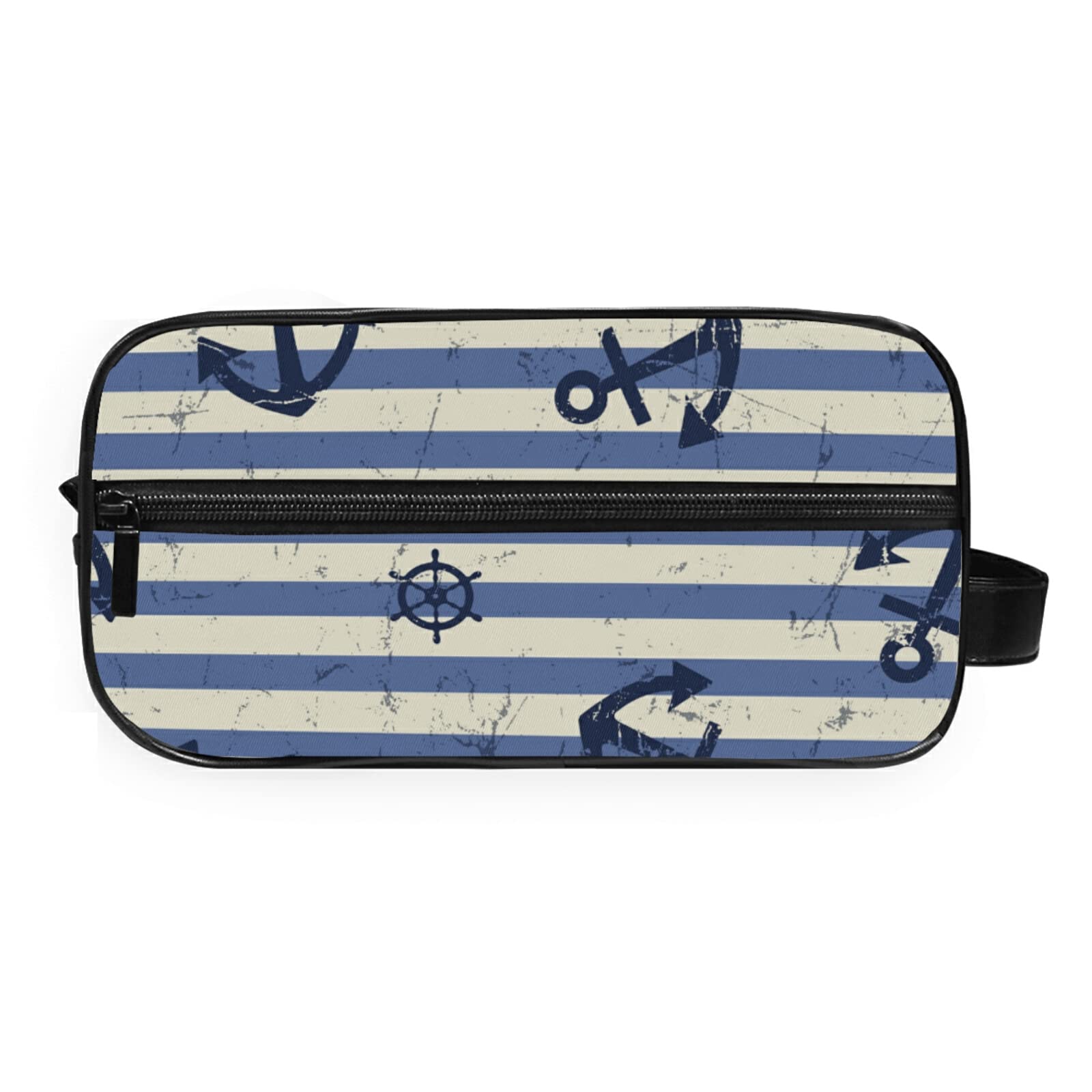 Large Capacity Waterproof Makeup Organizer Bag - Retro Stripes Navy Blue Anchor Design, Travel Cosmetic Case & Toiletry Storage Pouch for Women | Perfect for Travel, Gym, Beach & Daily Use