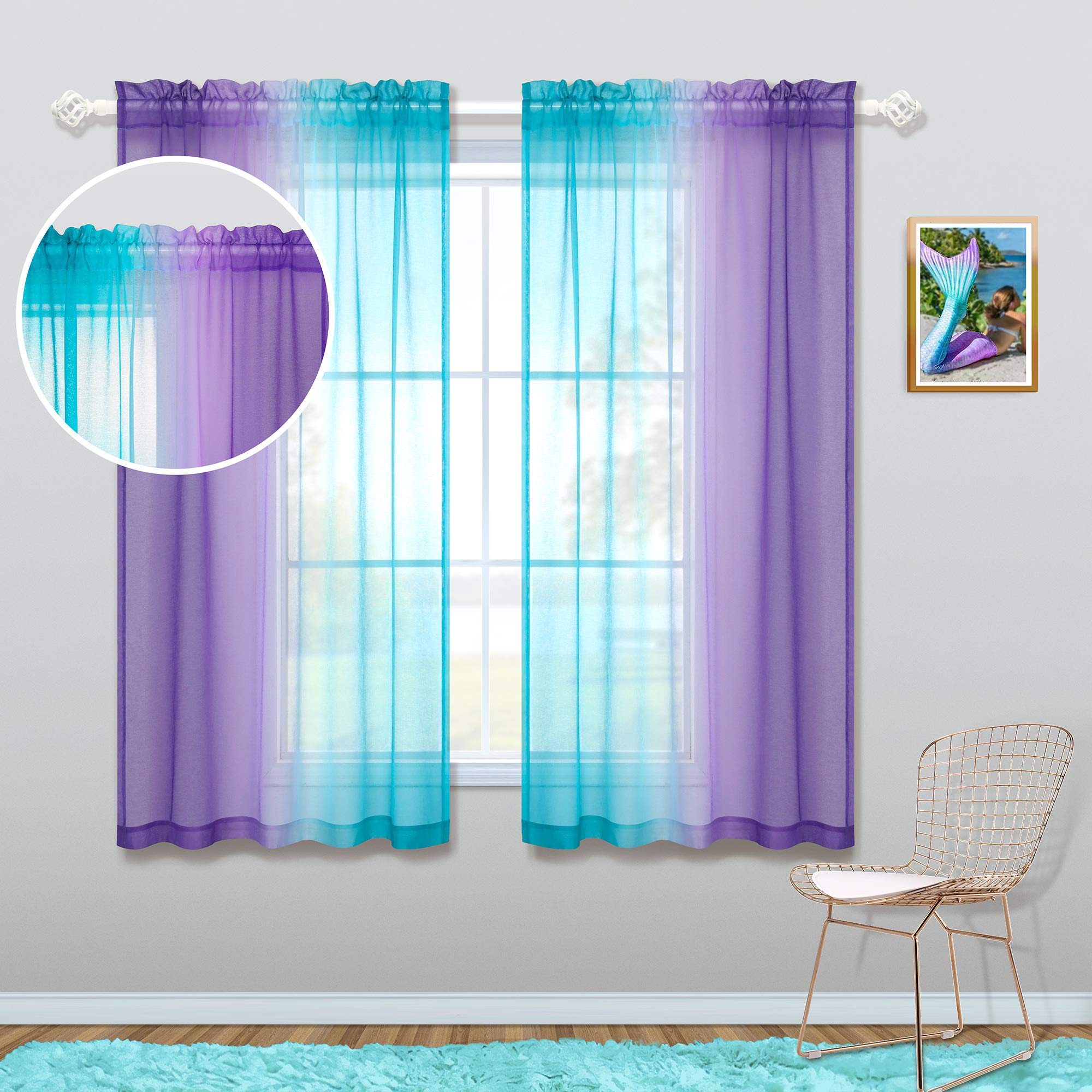 Short Sheer Curtains 45 Inch Length - Set of 2 Panels with Rod Pocket, Ombre Rainbow Color (Light Purple & Aqua Teal) for Bathroom, Kitchen & Bedroom Windows - Light Filtering & Decorative Window Treatment