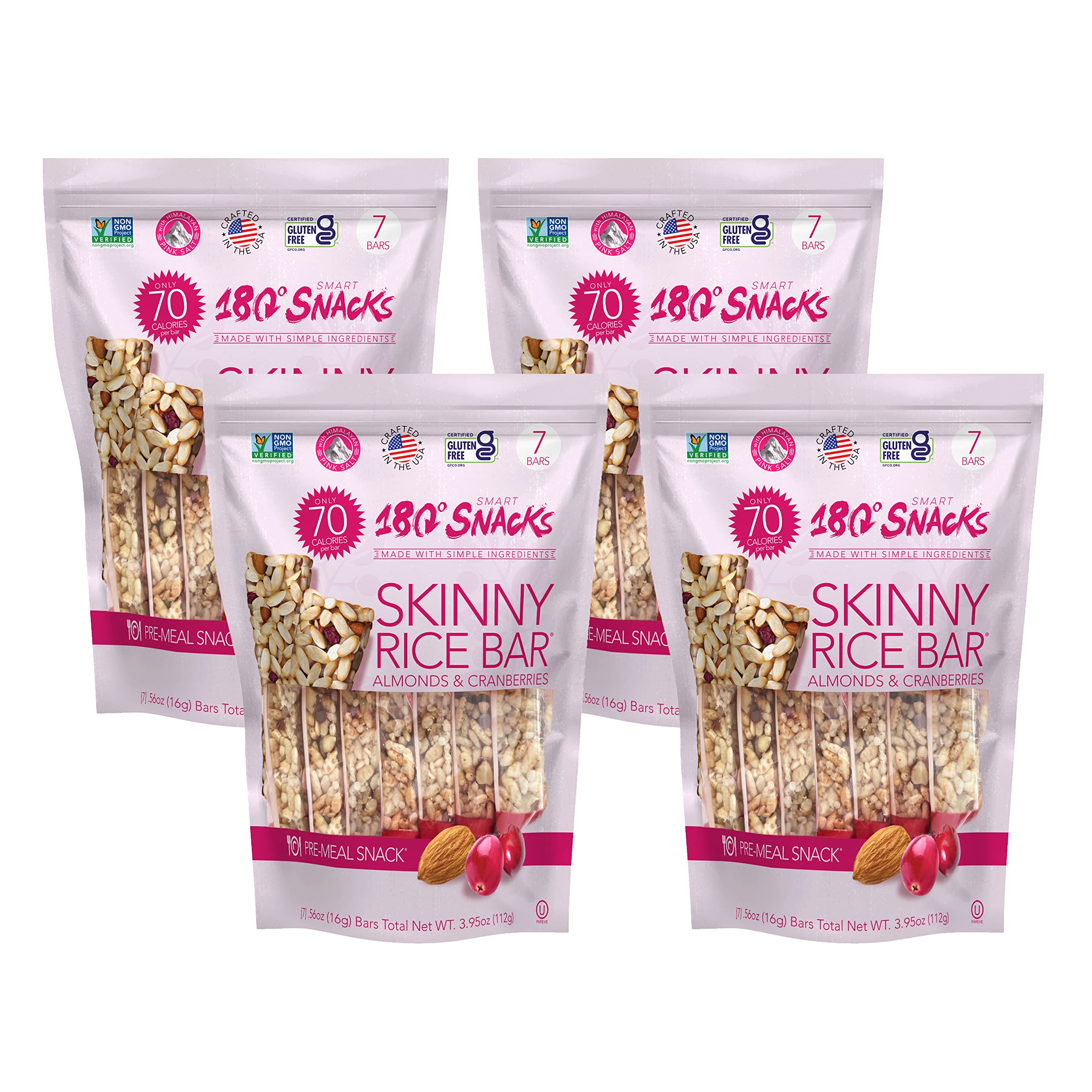 180 Snacks Skinny Rice Bars with Almonds & Himalayan Salt - Low Calorie (70 Cal), Non-GMO, Dairy-Free, Gluten-Free Snack Bars - Weight Loss Friendly, EBT Eligible - 7 Count (Cranberry, 4 Pack) - Perfect for On-the-Go Breakfast, Office Snacks & Healthy Diet Plans
