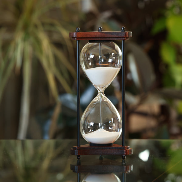 Premium Triangle Wood Hourglass with Black Spindles - White or Black Sand - Decorative Timekeeper for Home Office, Meditation & Gift Giving