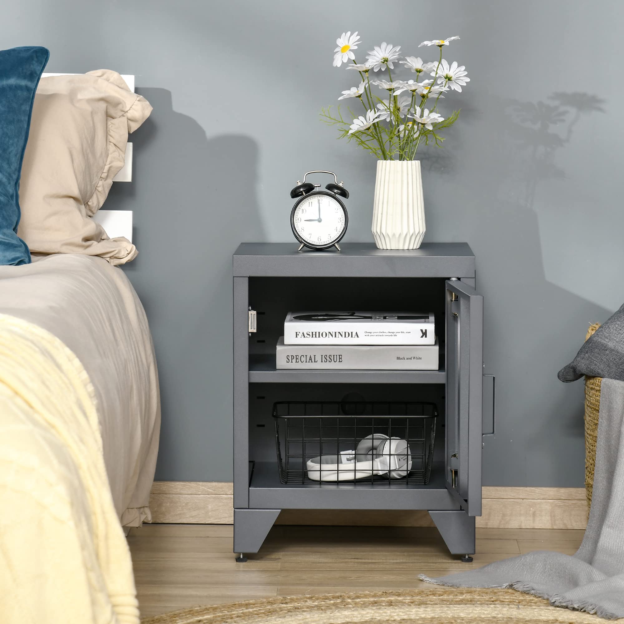 HOMCOM Industrial End Table with Locker-Style Door & Adjustable Shelf - Modern Grey Side Table for Living Room, Bedroom & Office - Perfect for Small Space Storage & Home Decor