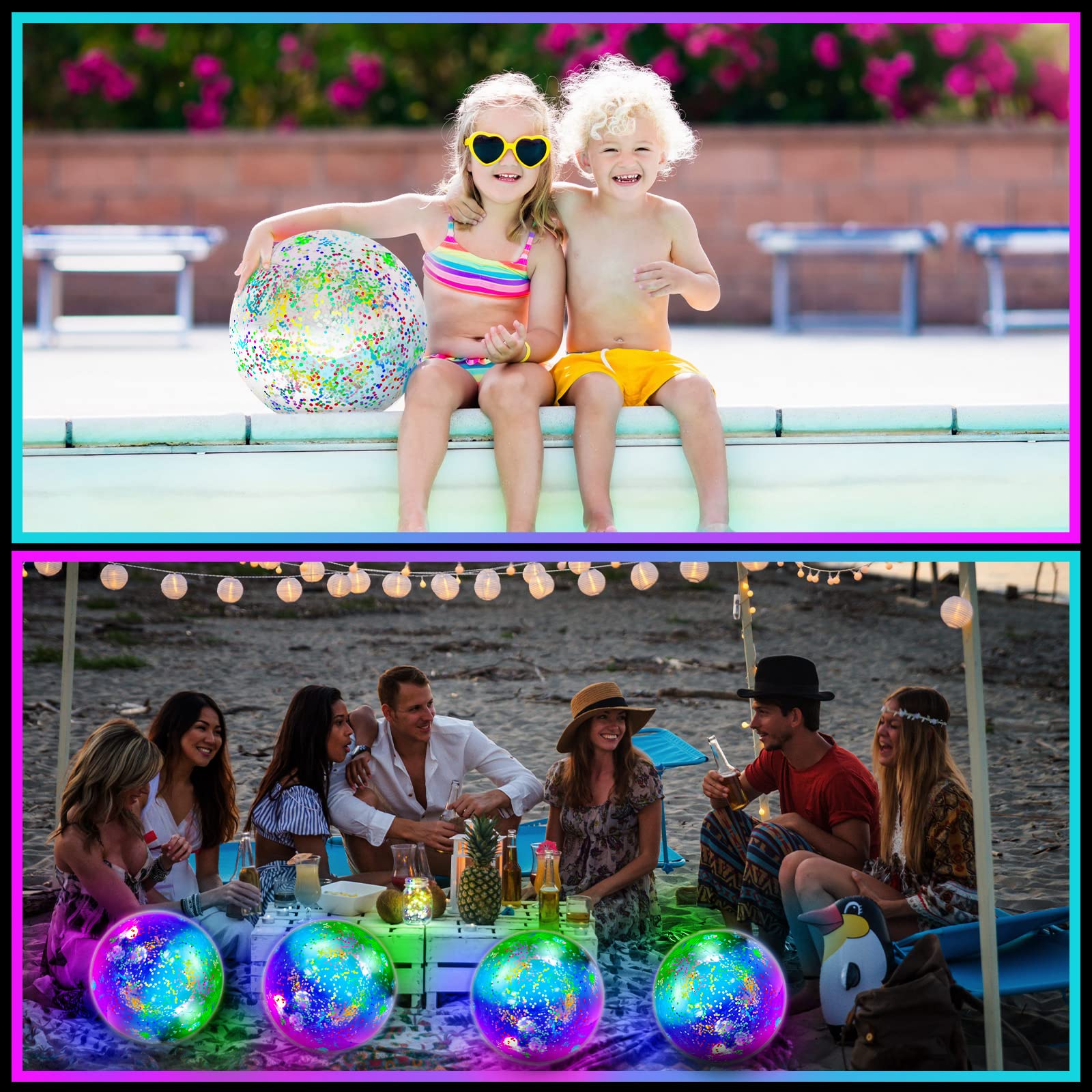 16 Pack LED Light Up Beach Balls with Confetti Glitters - 9 Inch Inflatable Glow in The Dark Pool Toys for Summer Parties, Teens & Adults - Perfect for Night Swimming, Pool Parties & Beach Events (Colorful)
