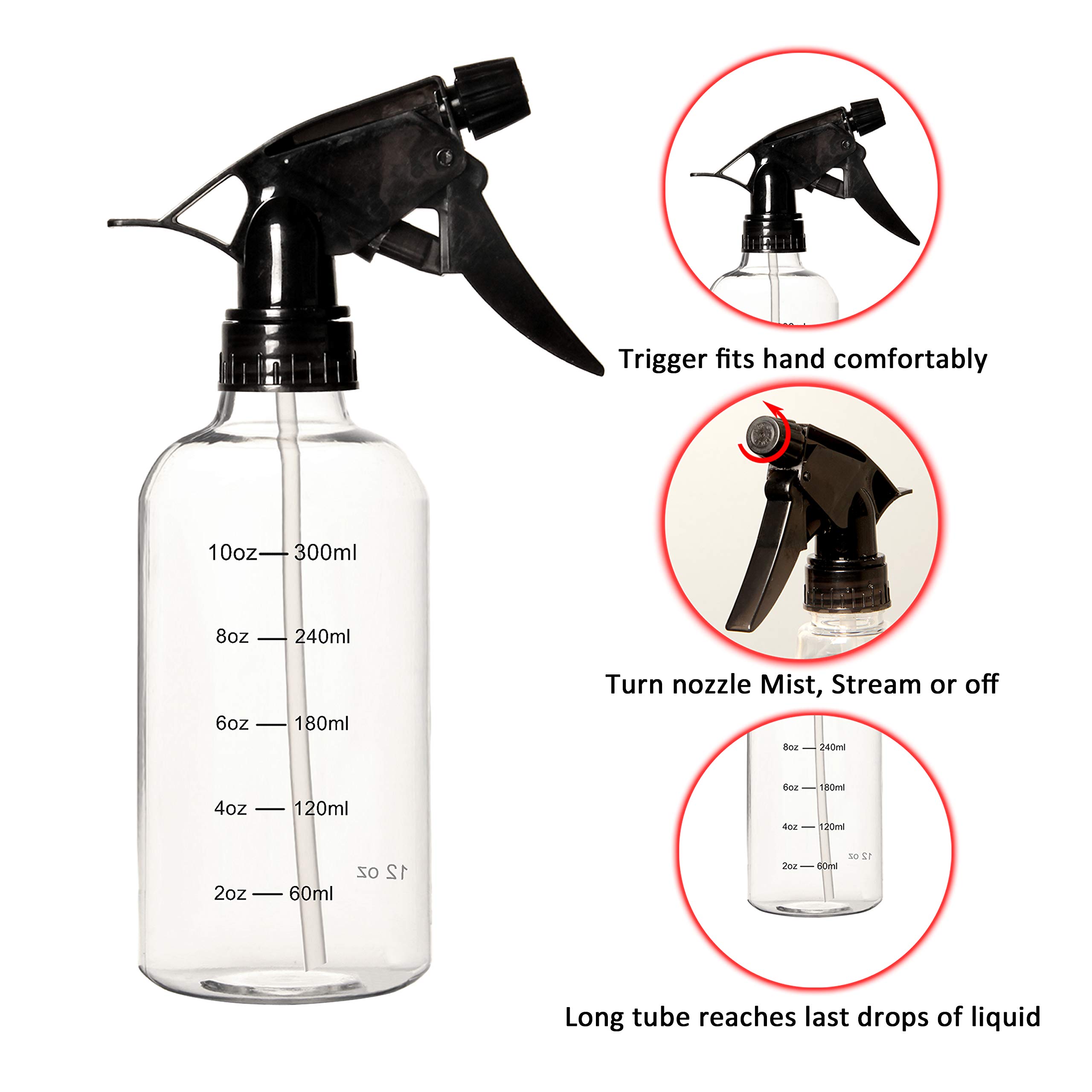 Youngever 12 Pack 12oz Empty Plastic Spray Bottles with Measurement Markings - Refillable Bottles for Hair Care, Cleaning Solutions & DIY Projects - Perfect for Salon, Home & Garden Use