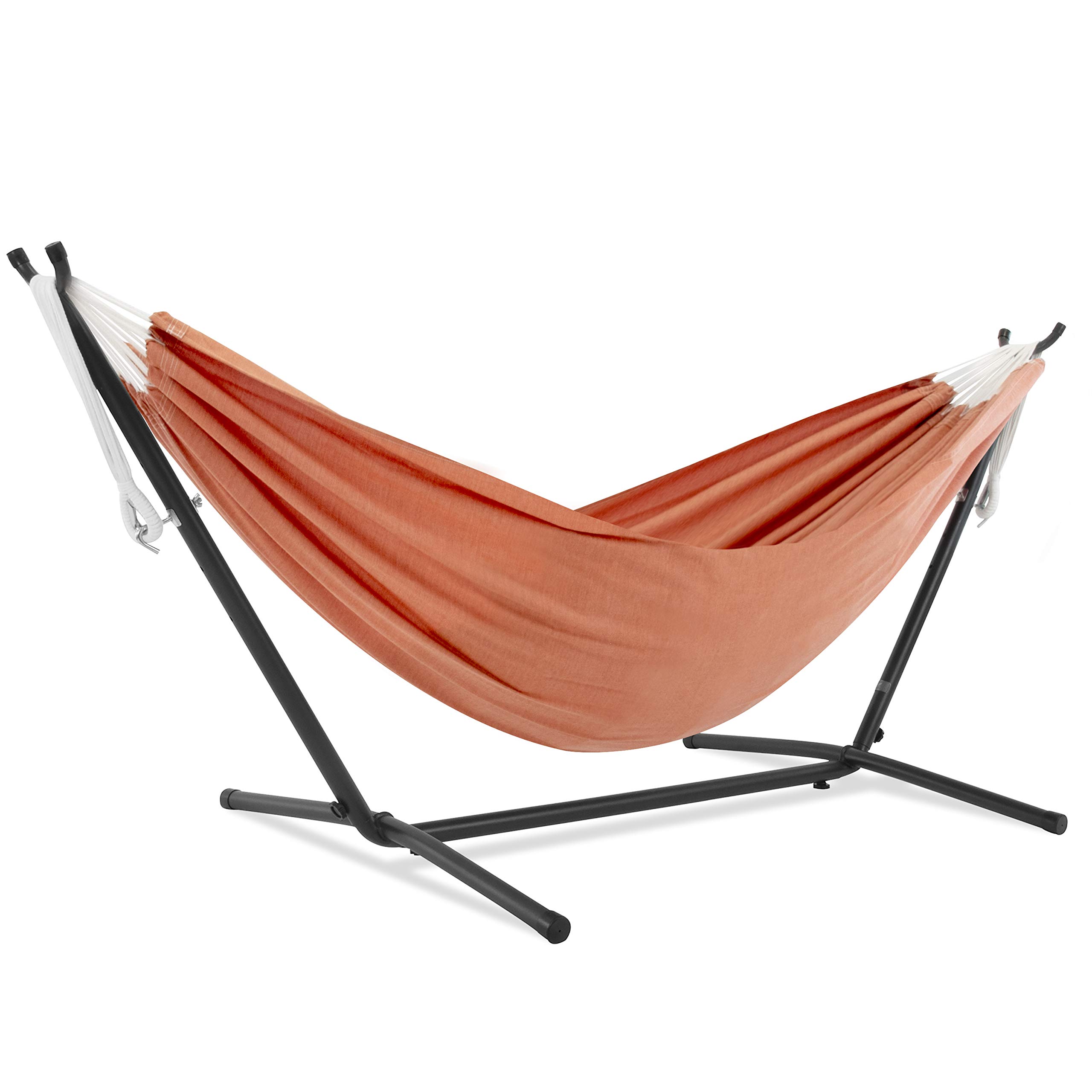 Vivere Double Hammock with Space-Saving Steel Stand - 450 lb Weight Capacity, Includes Premium Carry Bag (Coral) - Perfect for Backyard, Camping & Beach Relaxation