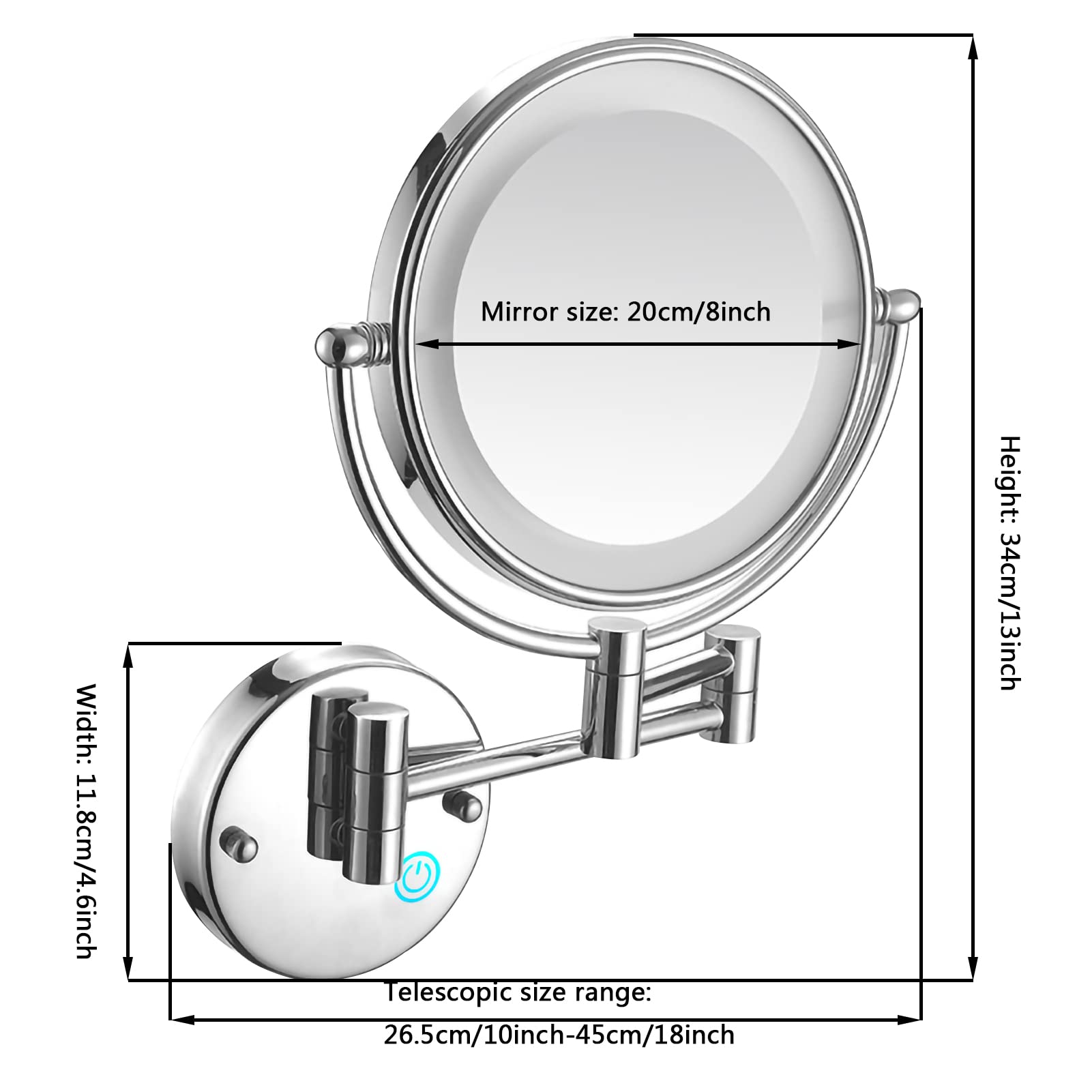 9 Inch Double Sided Wall Mounted Makeup Mirror with LED Lights - 1x/3x/5x/7x/10x Magnification, 360° Rotation & Retractable Design - Perfect for Bathroom Vanity, Shaving & Makeup Application (Nickel Brushed Finish)