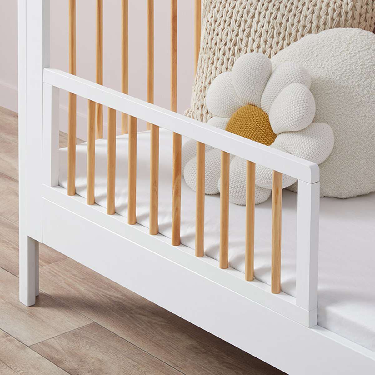 Fraser White/Natural Coastal 3-in-1 Convertible Crib & Toddler Bed with Mattress - Nursery Furniture Set for Baby & Kids Room - Perfect for Coastal, Modern & Farmhouse Decor Styles