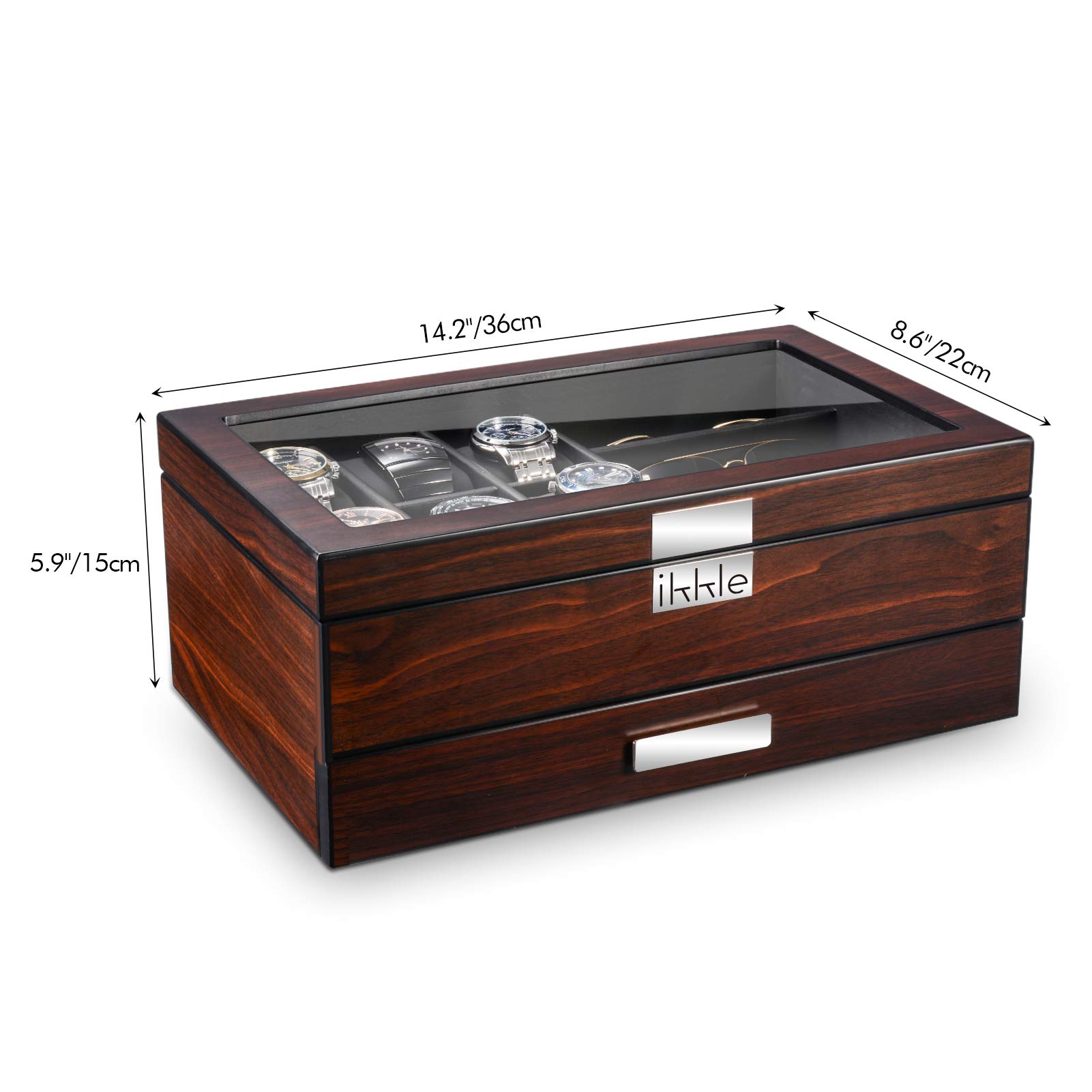 Premium Wooden Watch Box Organizer for Men - Luxury Valet Drawer & Glass Top Display Case - Jewelry Storage Gift for Him - Perfect for Watch Collectors & Fashion Accessories Organization