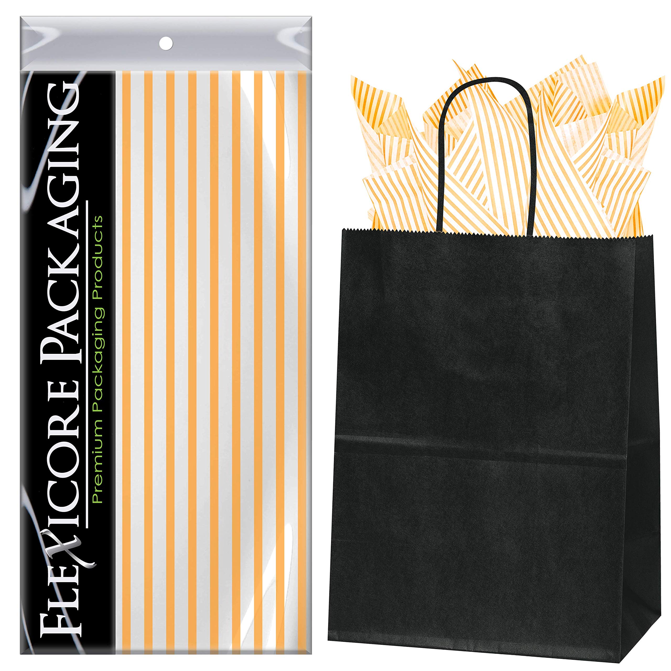Premium Black Kraft Paper Gift Bags with Tangerine Stripe Design - 8