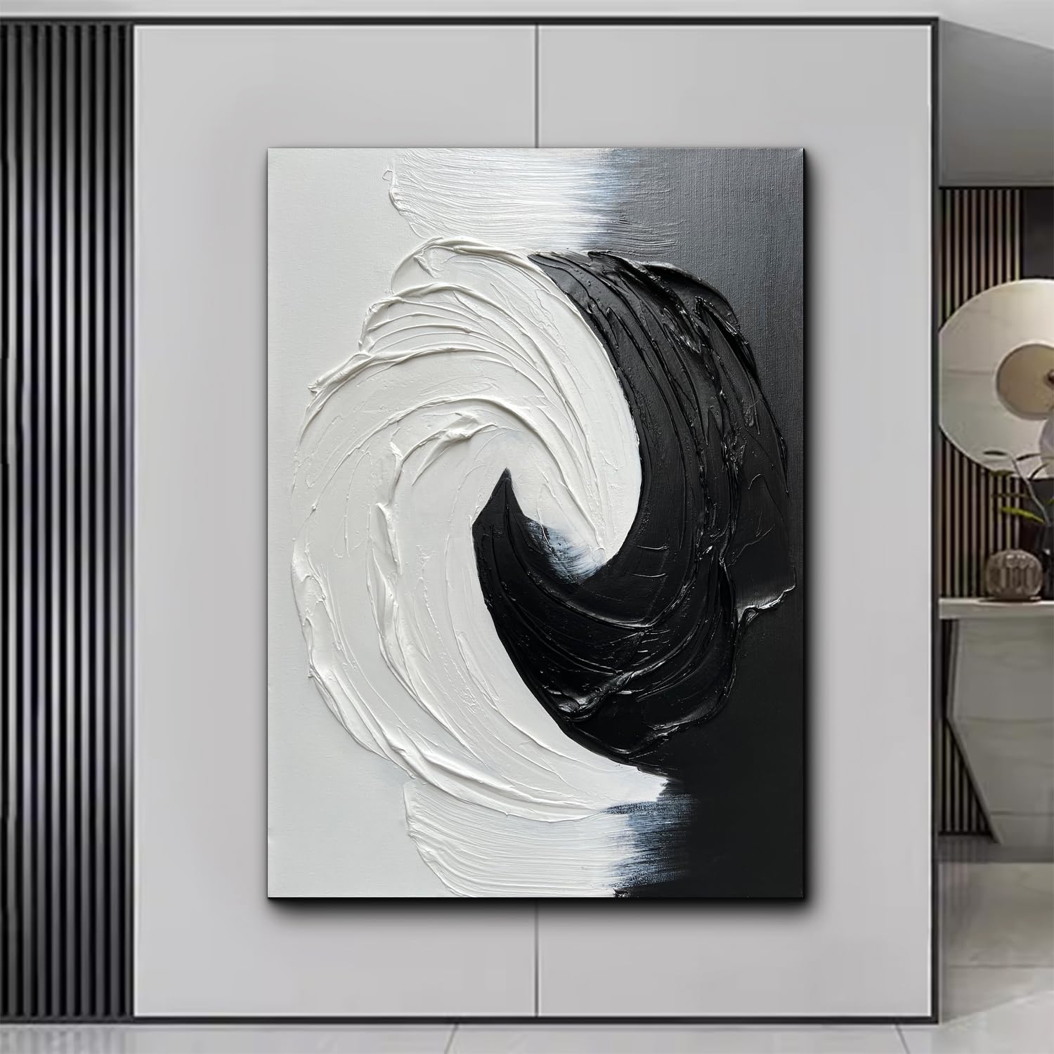 Creespi Black and White Abstract Oil Painting 28x40 Inch - Hand Painted Textured Canvas Art, Modern Minimalist Wall Decor for Living Room, Bedroom & Office