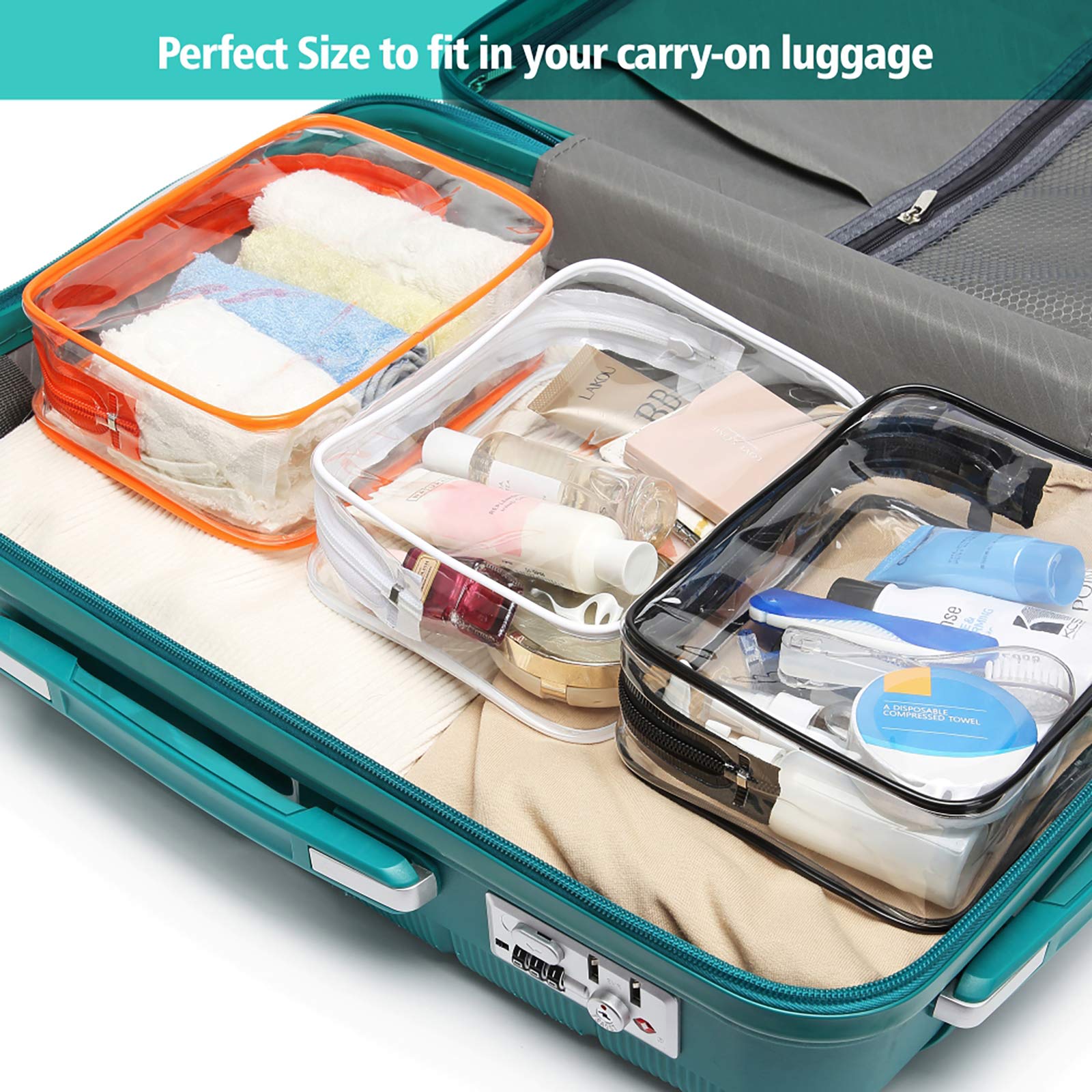 PACKISM 3-Pack Clear TSA Approved Quart Size Toiletry Bag - Waterproof Travel Cosmetic Organizer for Women & Men, Airline Compliant Carry-On Makeup Bag (Black, White, Orange) - Perfect for Airports, Gym, Camping & Weekend Getaways