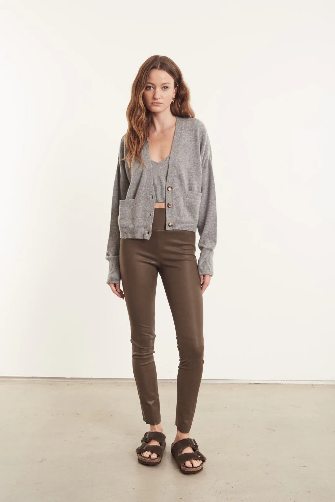 Women's Ankle-Length Leather Leggings - Army Green Stretch Faux Leather Pants for Casual Wear & Night Out