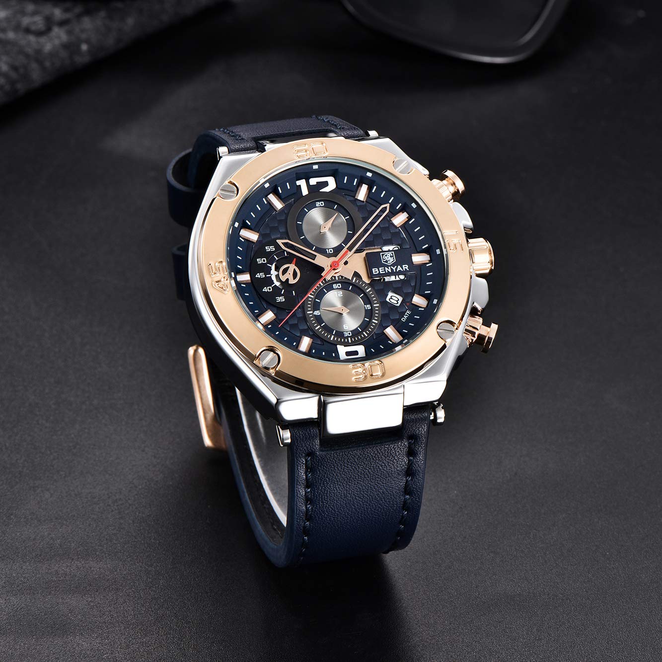 BENYAR Men's Chronograph Date Waterproof Sports Watch - Leather Strap Business Wristwatch for Office, Casual & Outdoor Activities