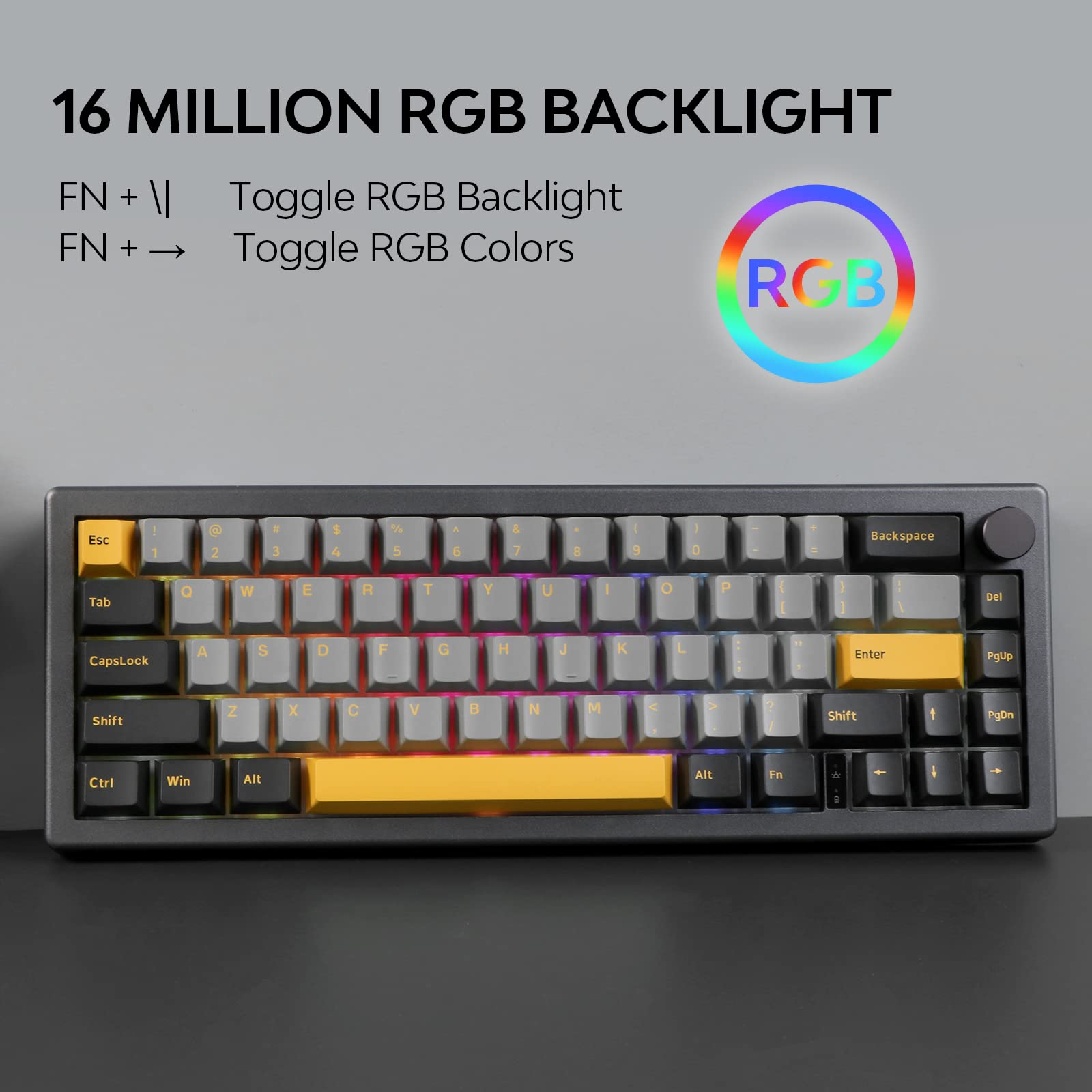 EPOMAKER EK68 65% Wireless Mechanical Gaming Keyboard - Hot Swappable Gasket Mount, Bluetooth 5.0/2.4Ghz/USB-C, Customizable Metal Knob (Black Gold, Gateron Pro Yellow Switches) - Perfect for Esports, Office Work & Typing Enthusiasts
