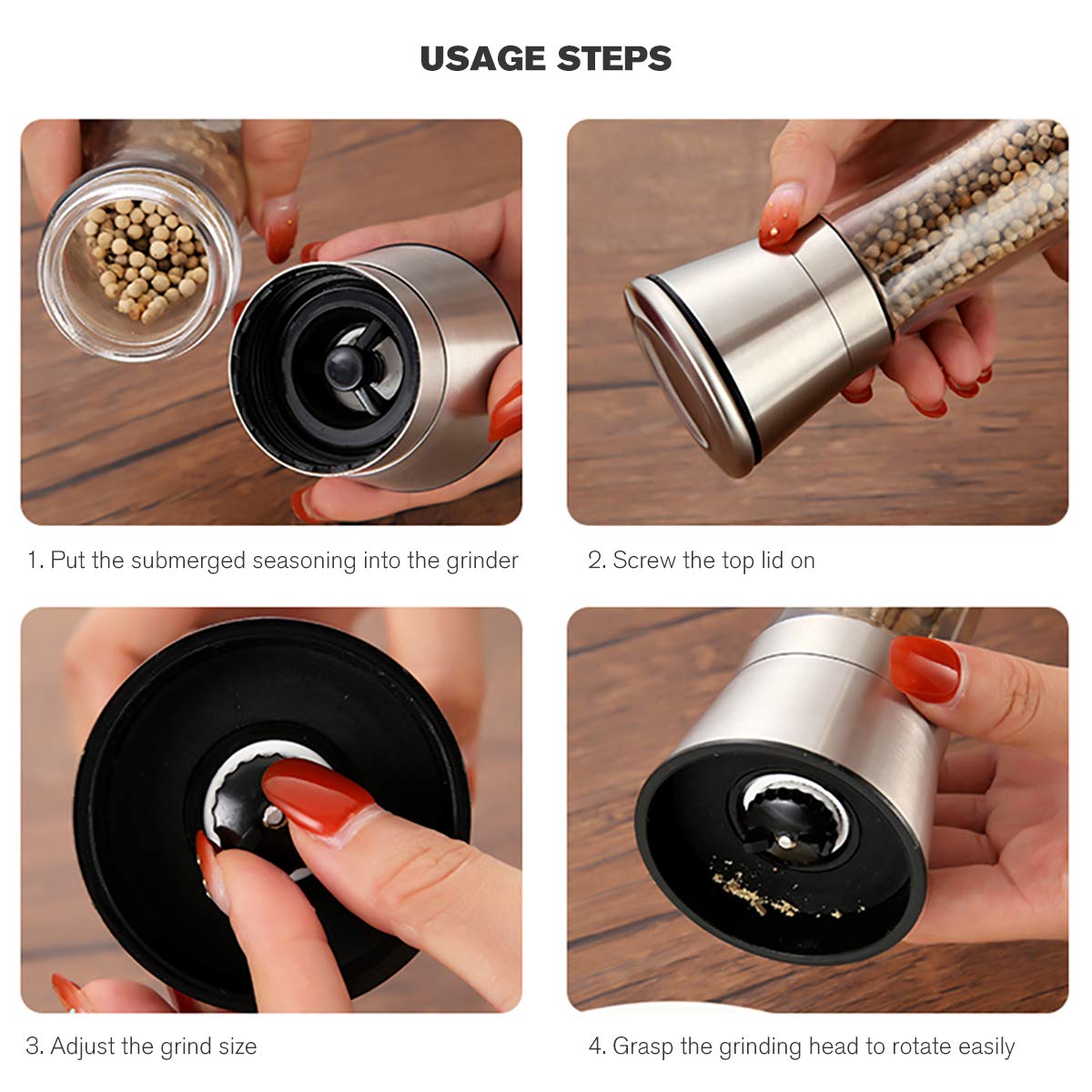 Premium Stainless Steel Salt and Pepper Grinder Set - Adjustable Coarseness with 5 Grinding Levels, Manual Spice Mill with Stand & Silicone Funnel (2-Pack) - Perfect for Kitchen, Dining Table & Outdoor BBQ